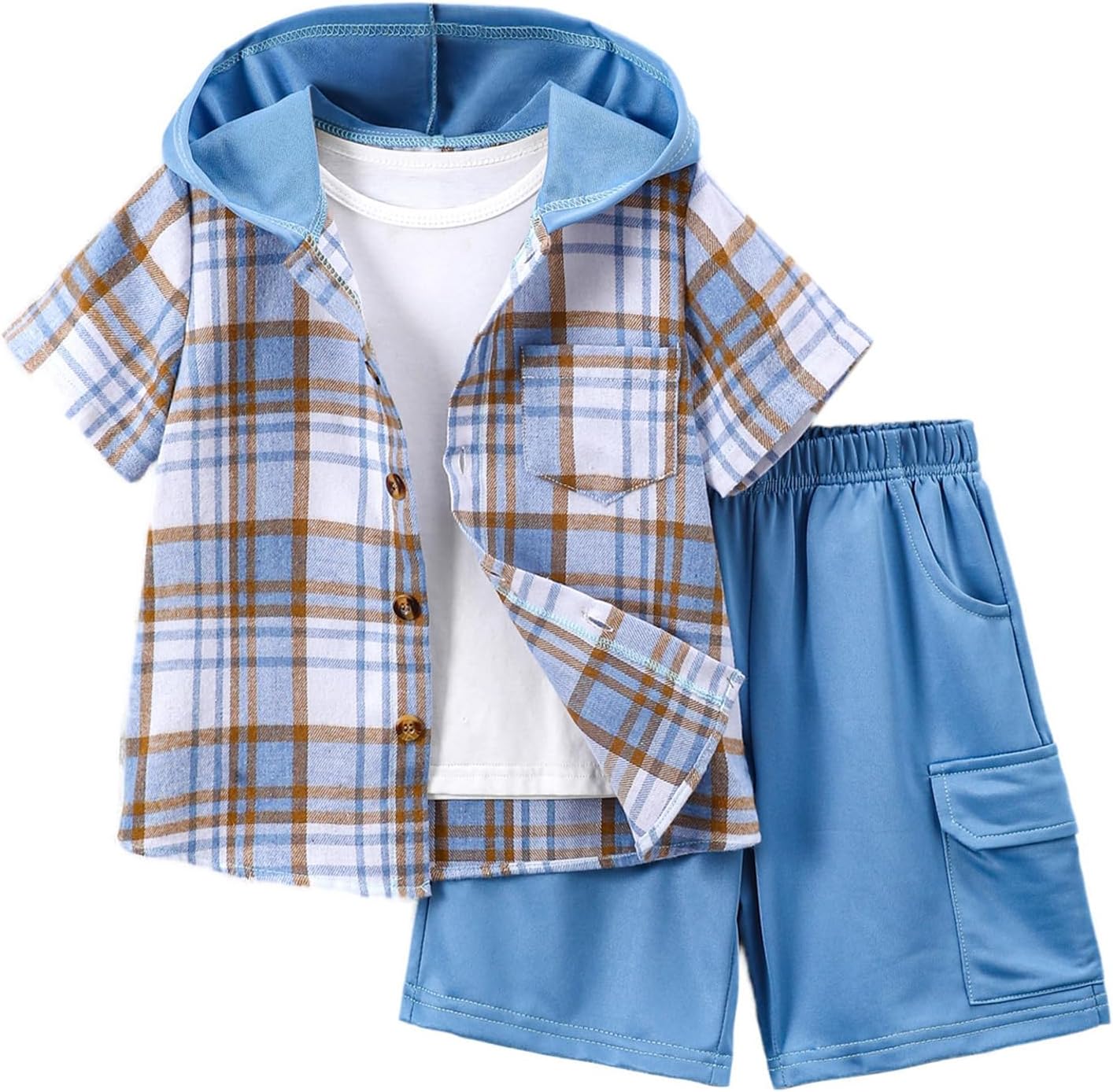 Boys Clothes Shorts Sets Plaid Short Sleeve Hooded Button Shirt and Jogger Shorts for Kids Summer Outfits