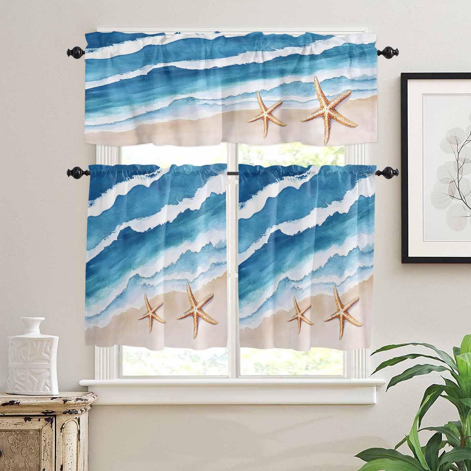Blue Coastal Kitchen Curtains 36 Inch Length, 3 Piece Rod Pocket Small Half Tiers and Valance Set, Summer Beach Waves Nautical Starfish Small Large Window Treatment Decor for Bedroom/Bathroom Sink