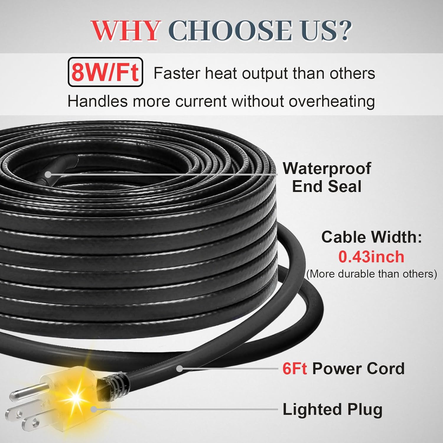 MAXKOSKO Gutter Heater for Roof Snow Melting, Self Regulating Heating Cable with 6 ft Lighted Plug, 120 V 8 w/ft, 100 ft Heating Cable