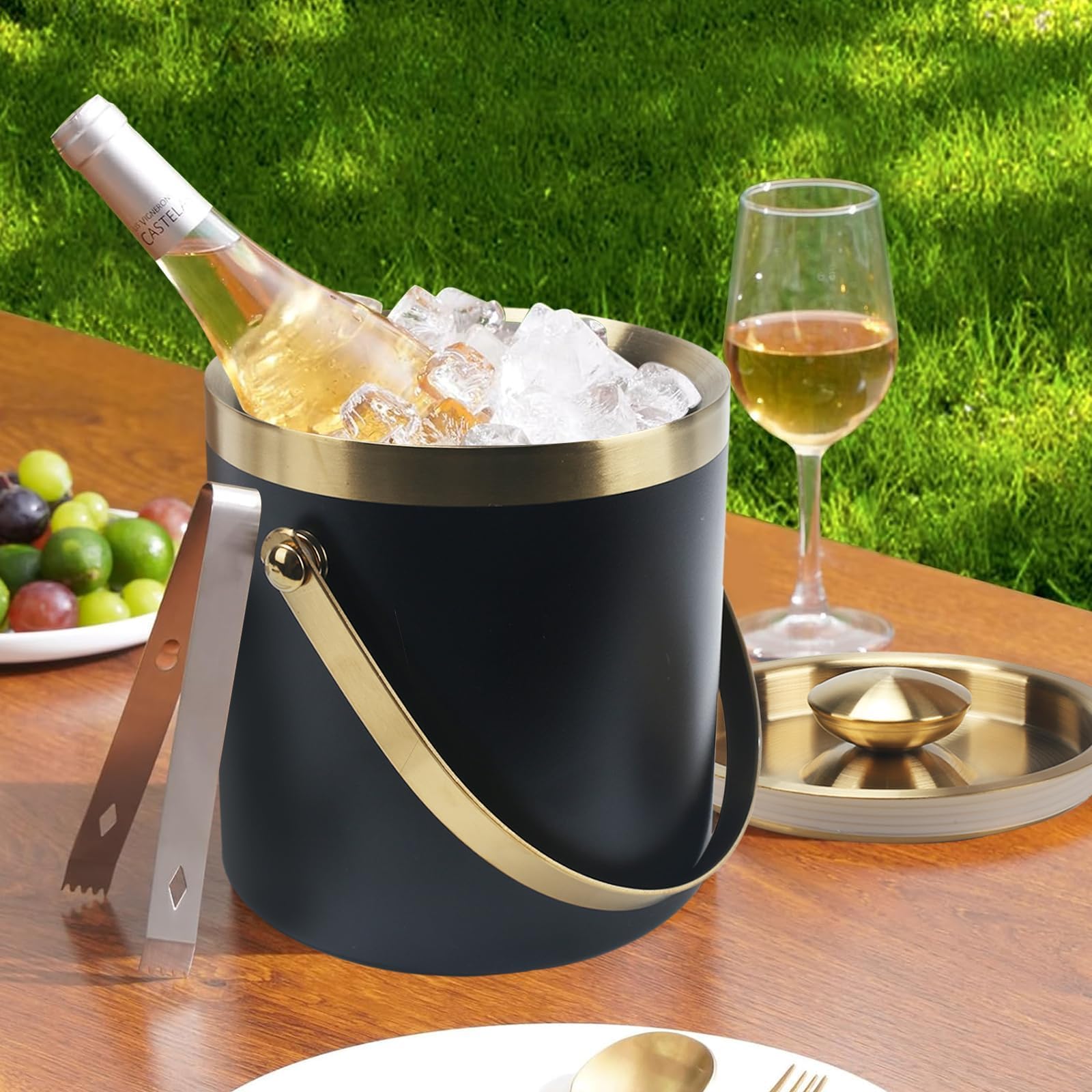 Zythrem 2L Secchiello per il Ghiaccio in Acciaio Inox 2L Doppia Parete Isolata Secchiello per Ghiaccio con Coperchio, Pinze e Pala, Portaghiaccio, Lce Bucke, per Vino per Cocktail Bar
