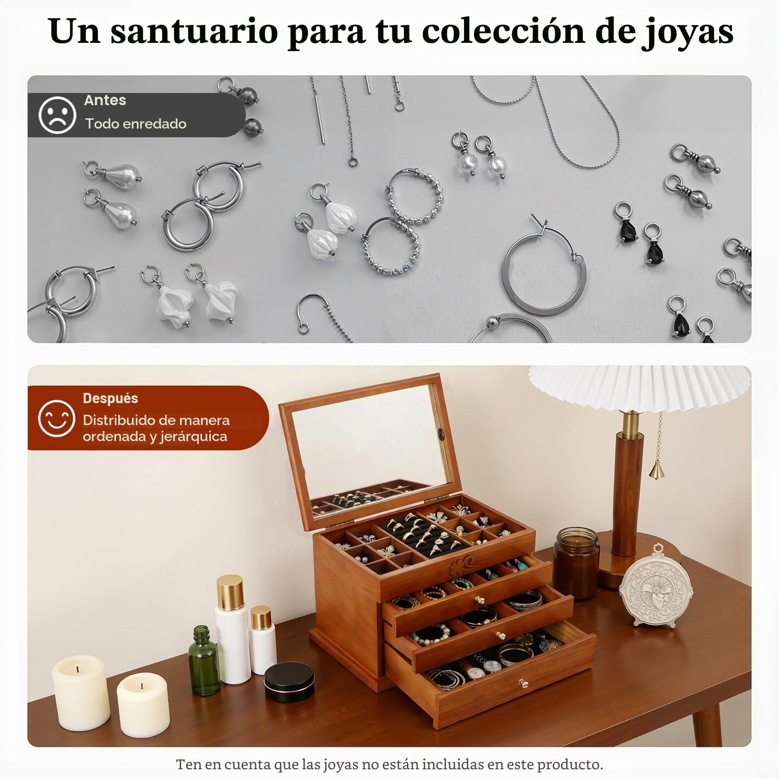 Joyero para mujer, joyero grande con 4 niveles, de madera, 31 x 19,3 x 19,7 cm, con asa para anillos, pendientes, collares, pulseras, etc