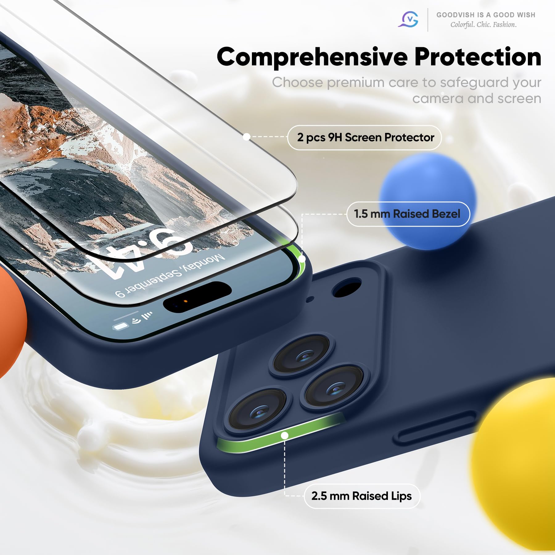 GOODVISH Silicone Cover per iPhone 17 Pro 6.3", Custodia con 2x Vetro Temperato [Pulsante Controllo Fotocamera] 360° Protezione Anticaduta Case per Cellulare Antiurto Resistente, Navy Blu