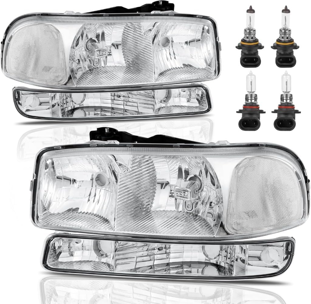 Front Head Lamp with Bulb, Replacement For 1999-2006 Sierra 1500/2500, Compatible With 2000-2006 Yukon, Chrome Housing Clear Lens Assembly