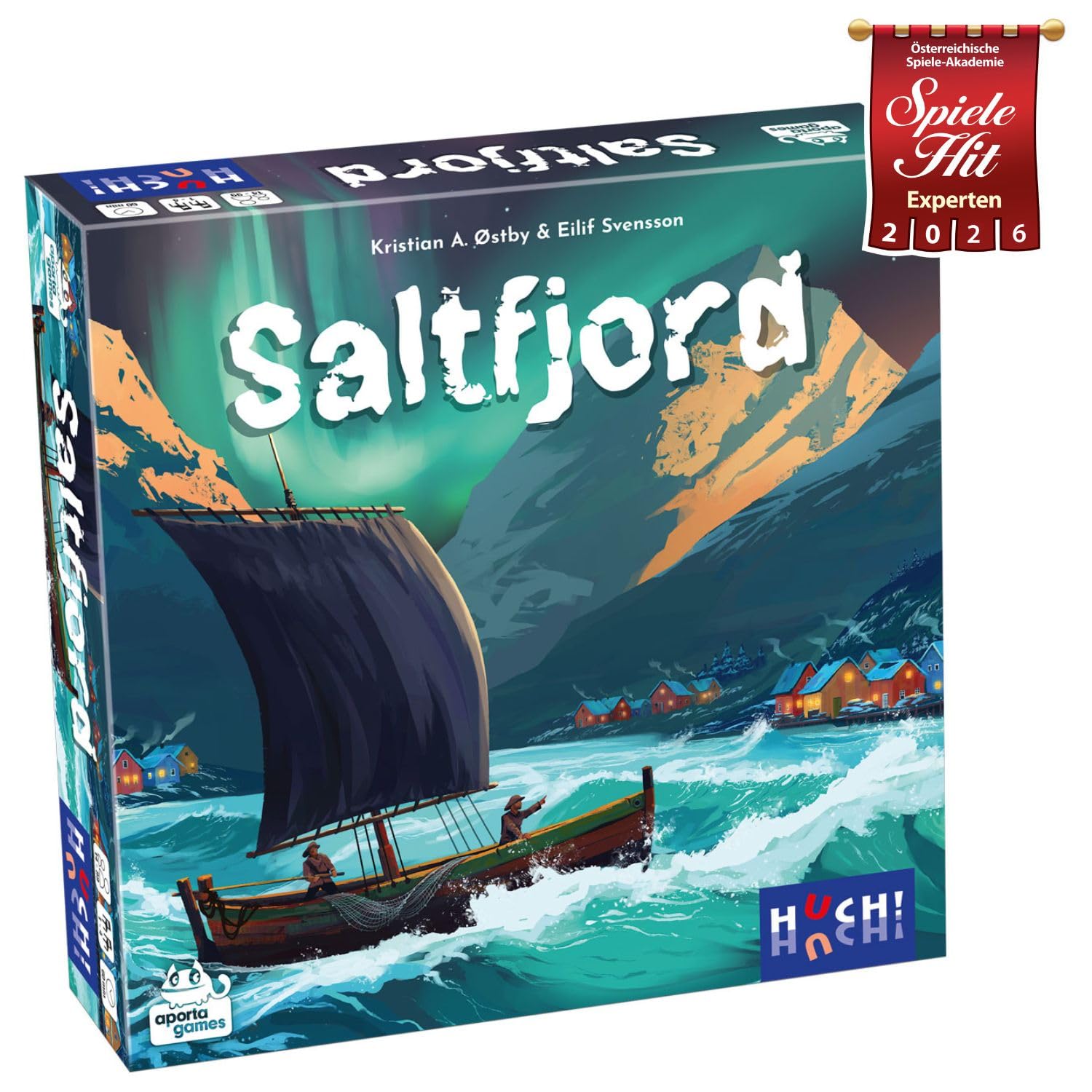 HUCH!, SALTFJORD, Gesellschaftsspiele, Strategisches Fischerdorf-Abenteuer mit innovativem Würfelmechanismus, Ideal für spannende Spielabende, Für 1–4 Spieler ab 14 Jahren