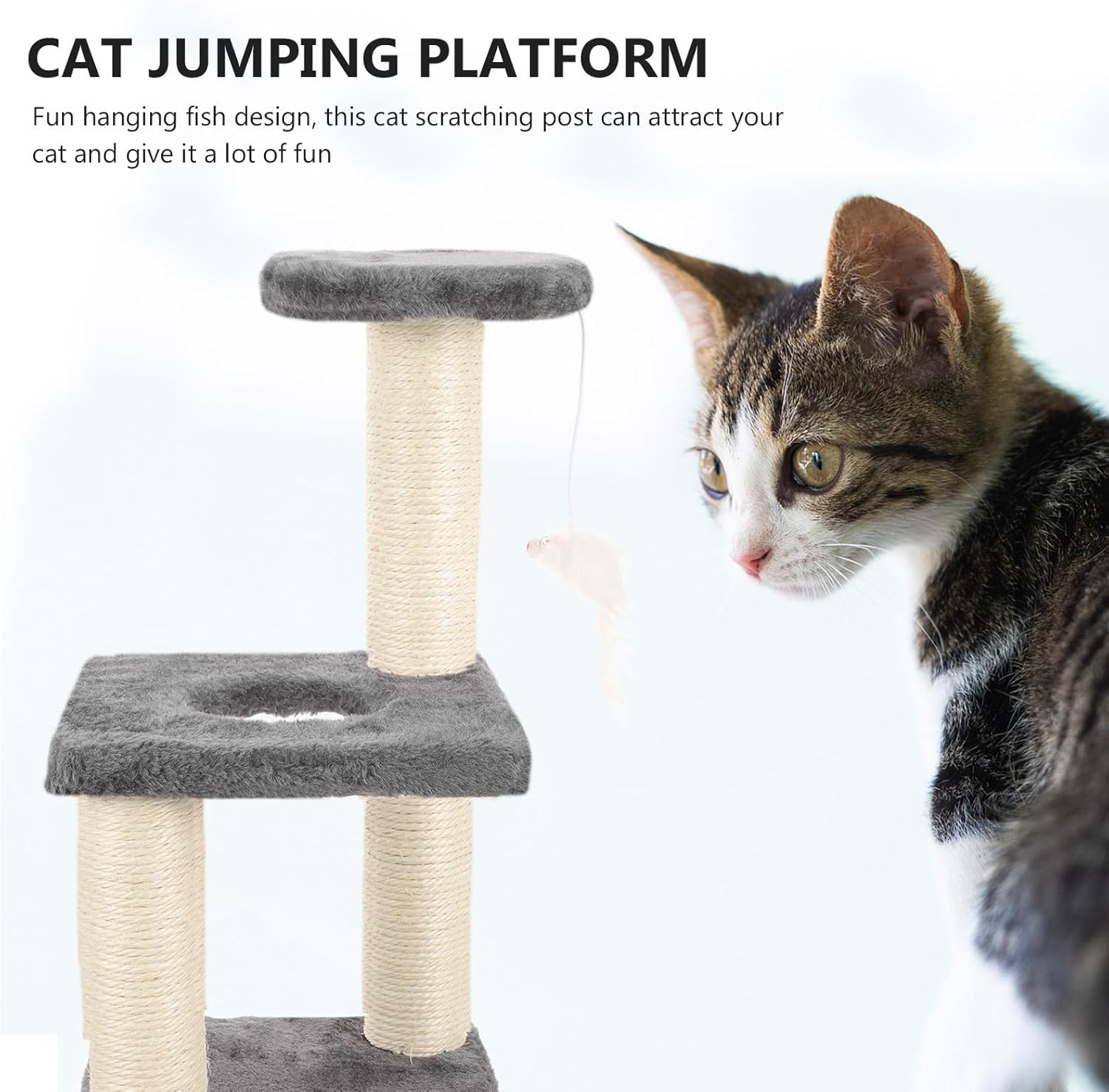 BESTonZON 3-Layer Sisal Vertical Cat Scratching Post Tower with Mouse Wear-Resistant Indoor Kitten Scratcher and Multi-Level Climbing Cat Tree for Gray
