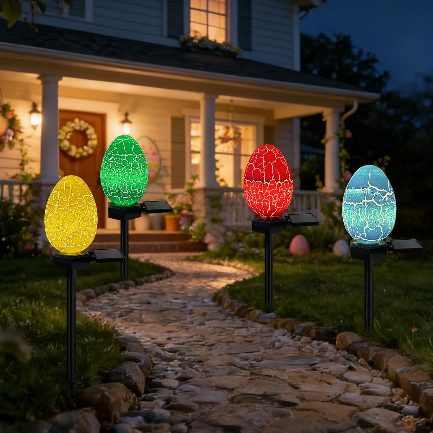 4 Pack Solar Easter Egg Lights Outdoor, Waterproof Solar Easter Yard Decorations Outdoor Easters Yard Stakes Lights for Outside Lawn Walkway Patio Cemetery Grave (Red/Yellow/Green/Blue)