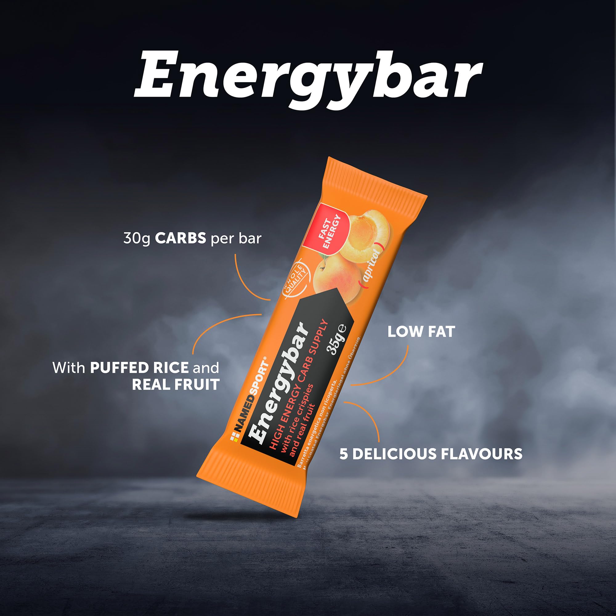 NAMEDSPORT> EnergyBar, Barre énergétique au goût d'abricot savoureux, à base de glucides, avec du riz soufflé et de vrais fruits, Brand of Italy, Boîte de 12 unités