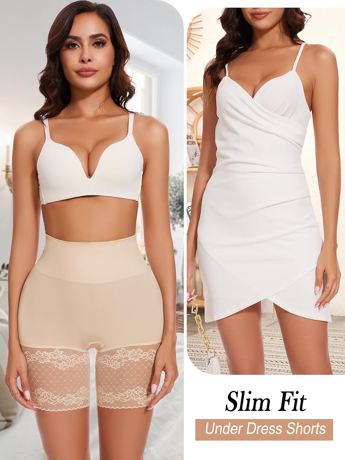 Lace Slip Shorts for Under Dresses Tummy Control Butt Lifter High Waisted Under Shorts Seamless Bodyshorts Shapewear Nude, Large - Image 2