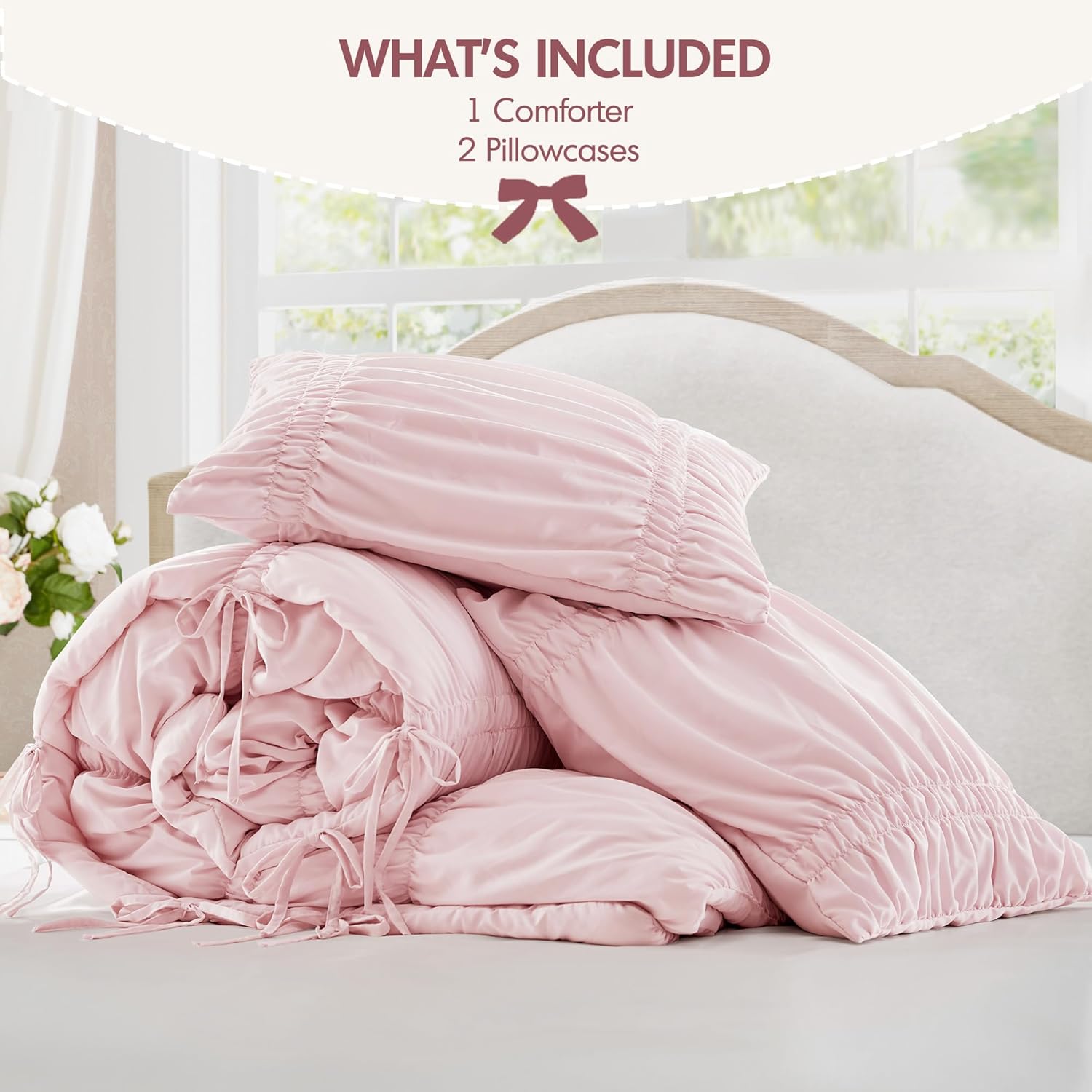 Intelligent Design Queen Comforter Set Ruched Shabby Chic Comforters for Queen Size Bed, All Season Lightweight Comforter Queen, French Country Bedding Set, Shams, Ella, Full/Queen, Pink 3 Piece