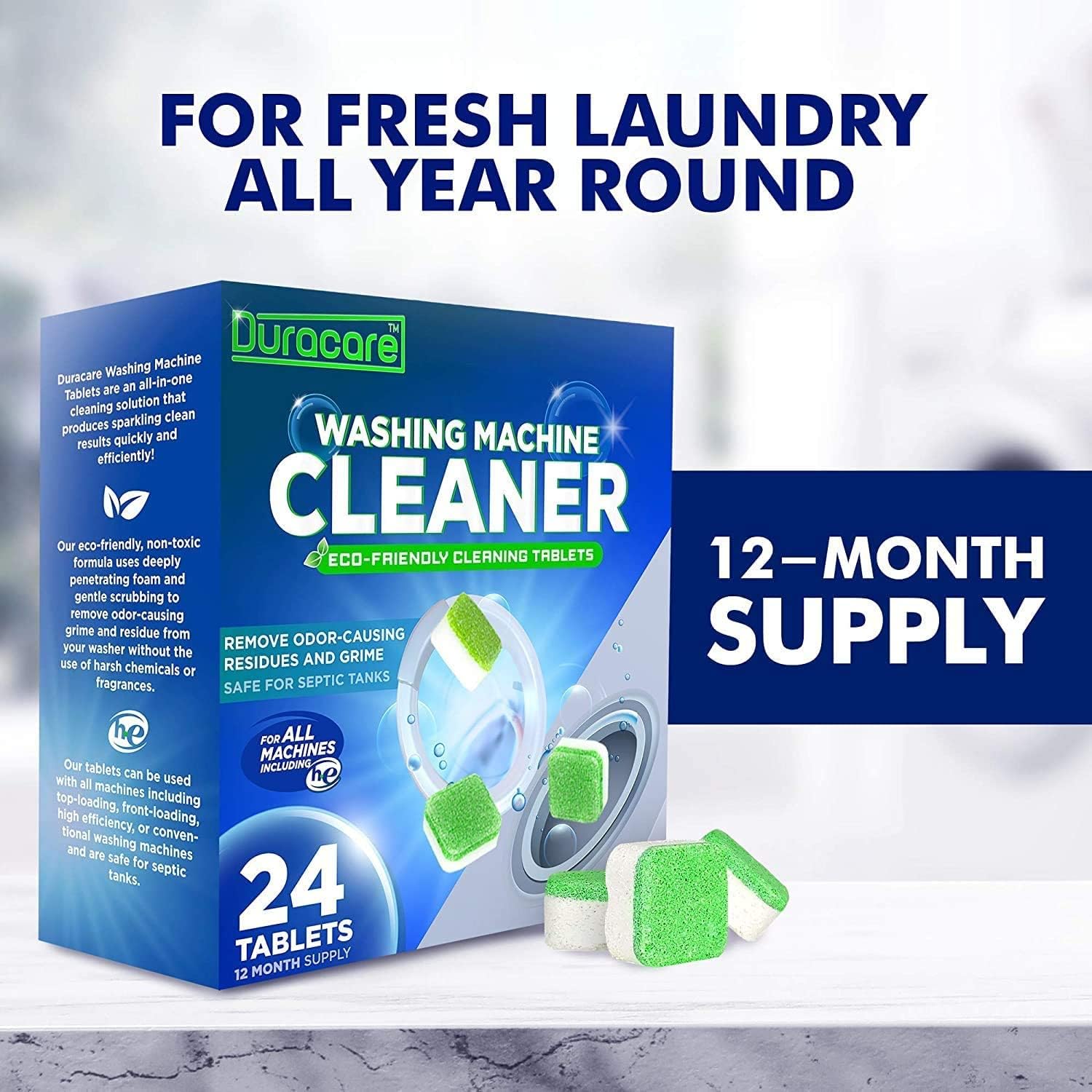 Duracare Washing Machine Cleaner - Heavy-Duty Deep Clean and Deodorize, Laundry Supplies - 24 Tablets - 1 Year Supply - Best for HE, Front Load, and Top Load Washers