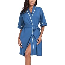 ANLIQI Womens 100% Cotton Robes Lightweight Summer Short Sleeve Lady Bathrobe Knee Length Kimono Robe Sleepwear with Pockets