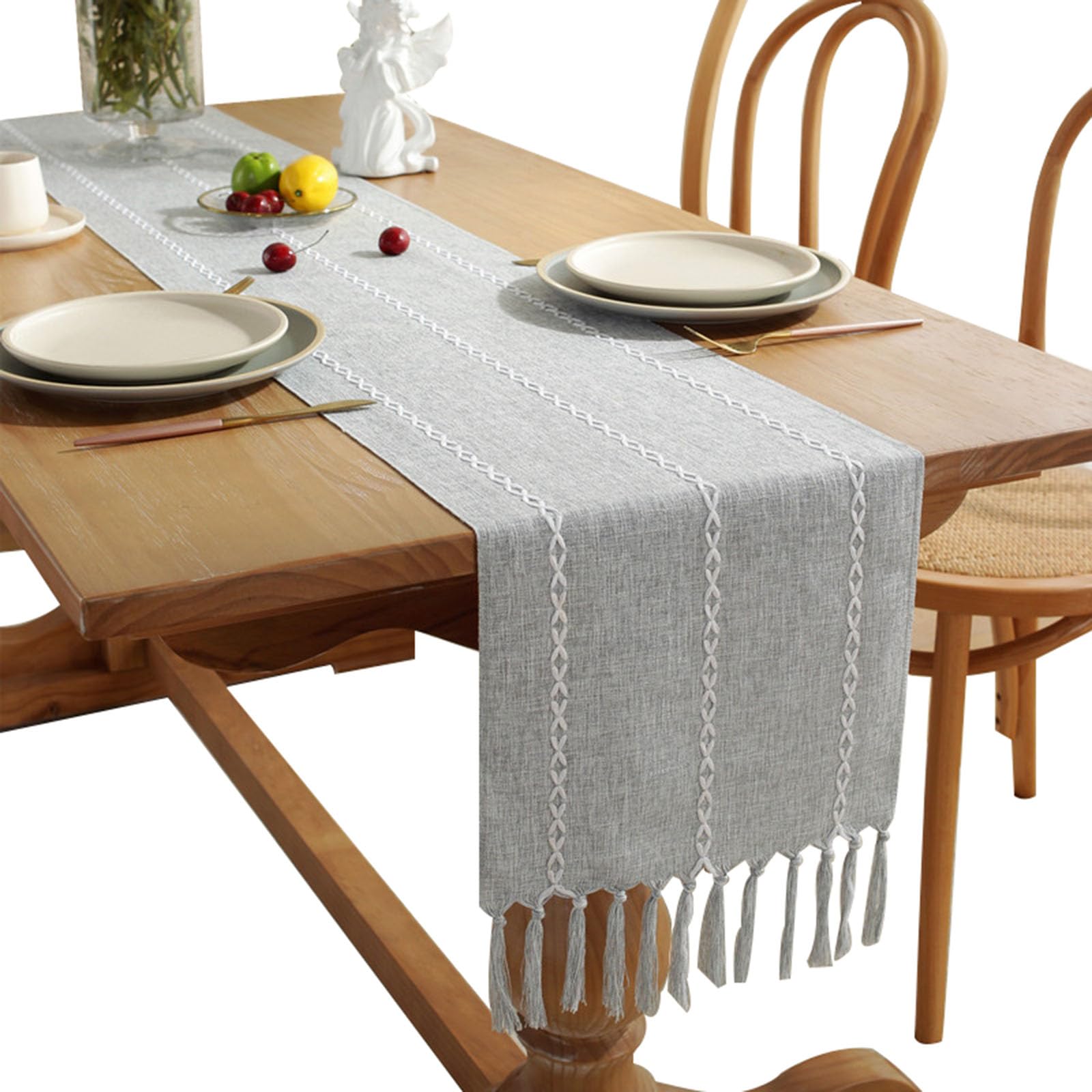 Runner da tavola in cotone e lino con nappe a mano, stile rustico, decorazione per tavolo da cucina, nappa lunga 10 cm, per feste, sala da pranzo, decorazione da tavolo da dessert, adatto per autunno