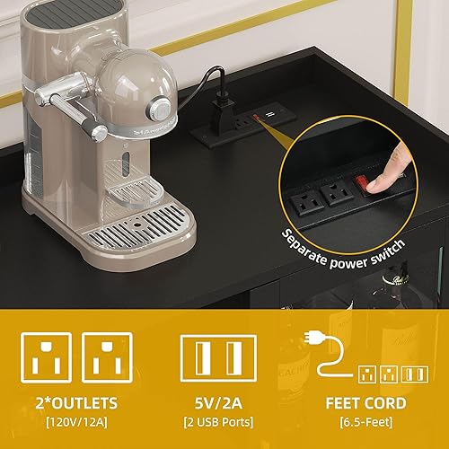 Miniatura 4 de DWVO Armario de bar de vinos con luces LED y tomas de corriente, gabinete de barra de café de 53 pulgadas para licor y vasos, aparador moderno de