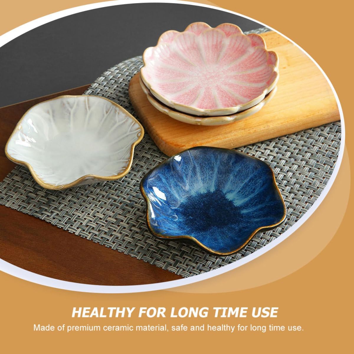 Ceramic Sauce Dipping Plates Set of 2, Small Soy Sauce Dish for Home Kitchen, Vintage Lotus Leaf Design, Restaurant Condiment Serving Side Dish