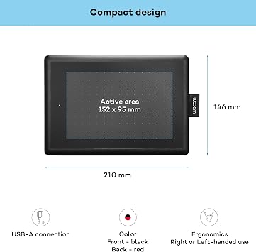 One by Wacom Small, Pen Tablet, incl. battery-free Wacom Pen 2K | Drawing Tablet (PC required) for sketching, drawing and e-learning with an intuitive pen experience and Japanese technology.
