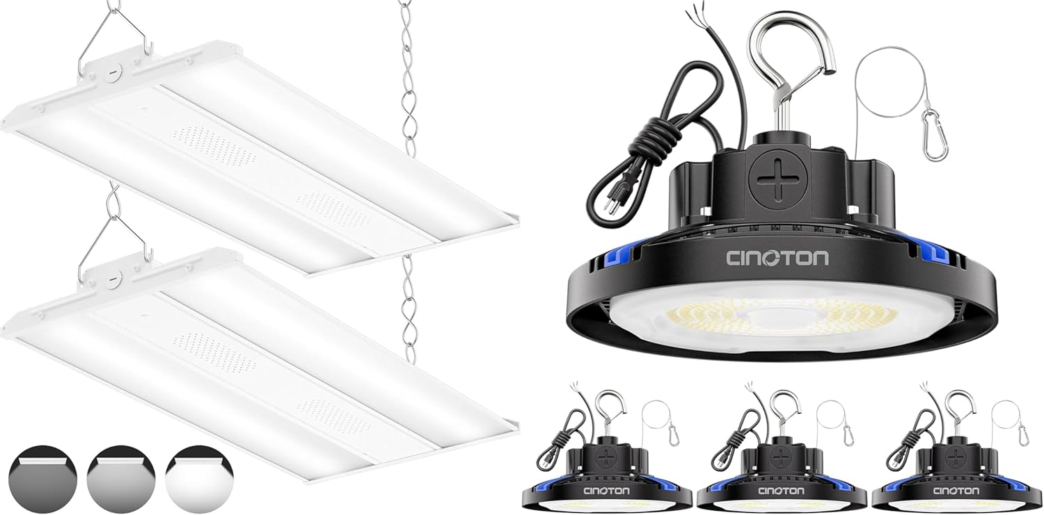 CINOTON 2FT 165W/110W/80W LED Shop Light with 22275LM, 0-10V Dimmable Linear High Bay Lighting 2 Pack and 160W/120W/80W UFO LED High Bay Lights 5000K Daylight 4 Pack