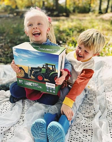 Miniatura 6 de Tractor de juguete a control remoto con remolque Juego de vehículos de granja de metal con luces y diseño de 8 ruedas, camión tractor RC