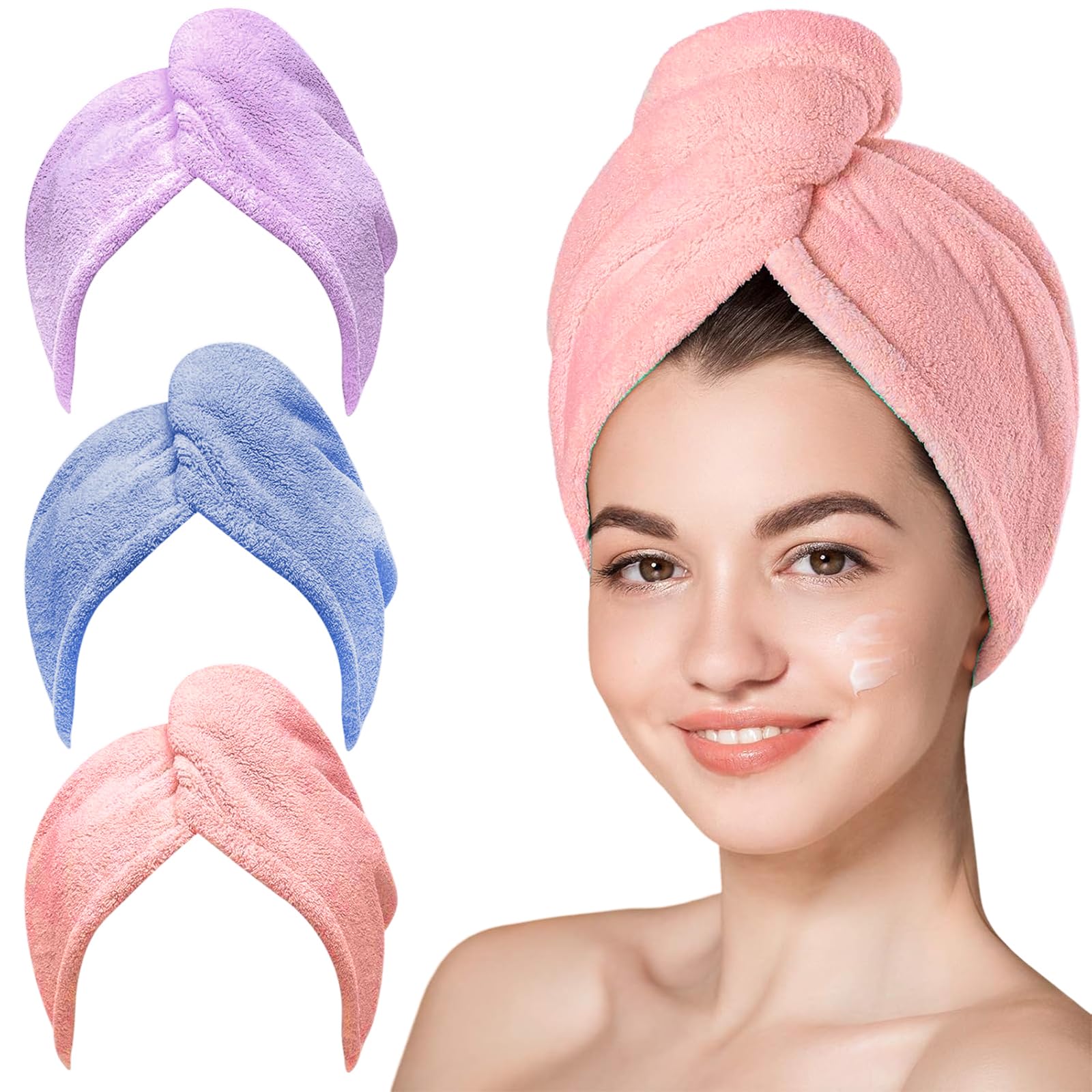 YHPDYL 3 Pack Microfiber Hair Towel Wrap for Women, Fast Drying Hair Turban with Button, Anti-Frizz Large Hair Towel for All Hair Styles, Soft &