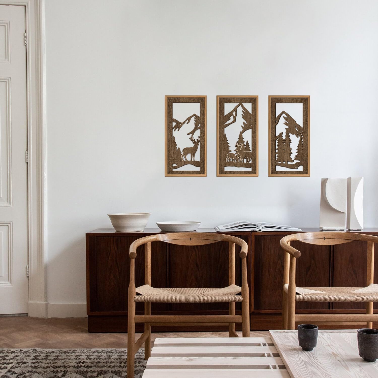 HPNIUB 3PCS Jungle Animals Wall Decor,Rustic Mountain Forest Wooden Sign for Living Room,Vintage Abstract Deer Pine Trees Hanging Wood Plaque Wall Art Nature Wall Sculpture for Home Office(8x16Inch)