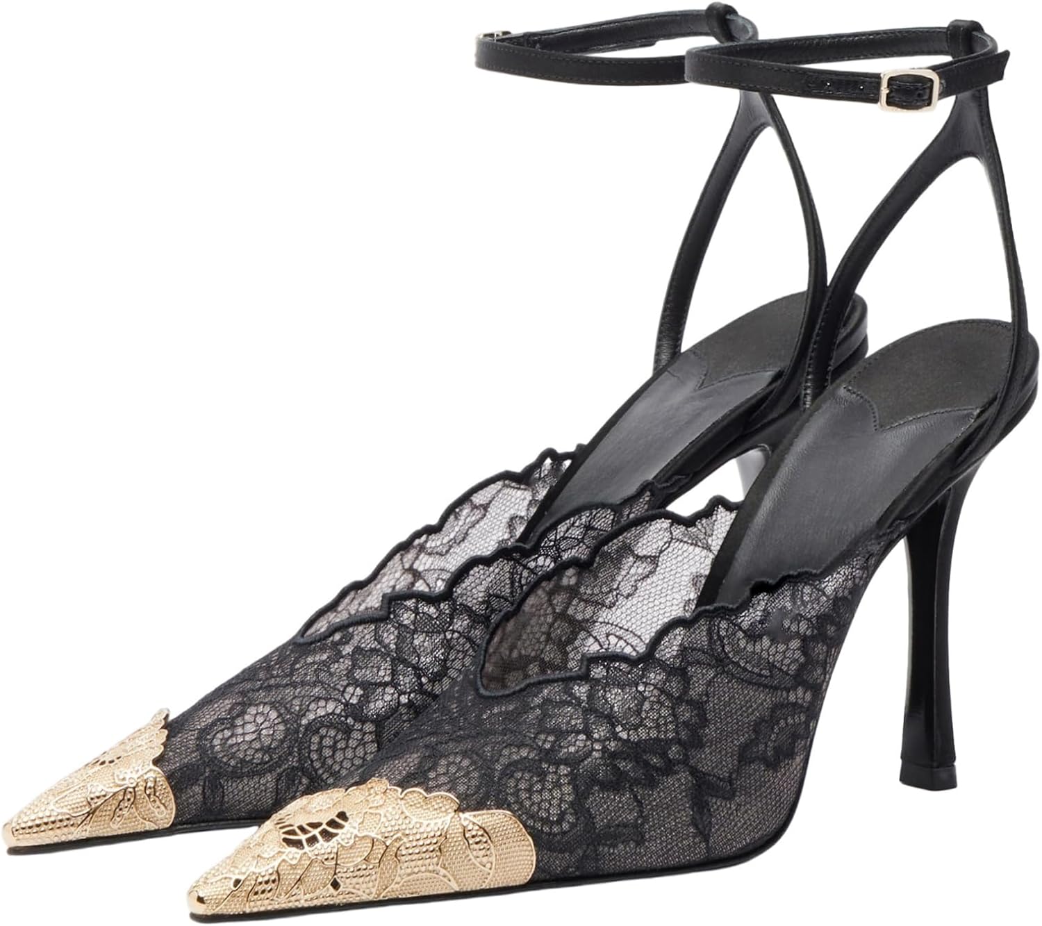 Goolita Metal Pointed Closed Toe Lace Pumps for Women, Mesh Buckle Strap Evening Pumps Sexy Stiletto High Heels Party Bridal Shoes for Wedding