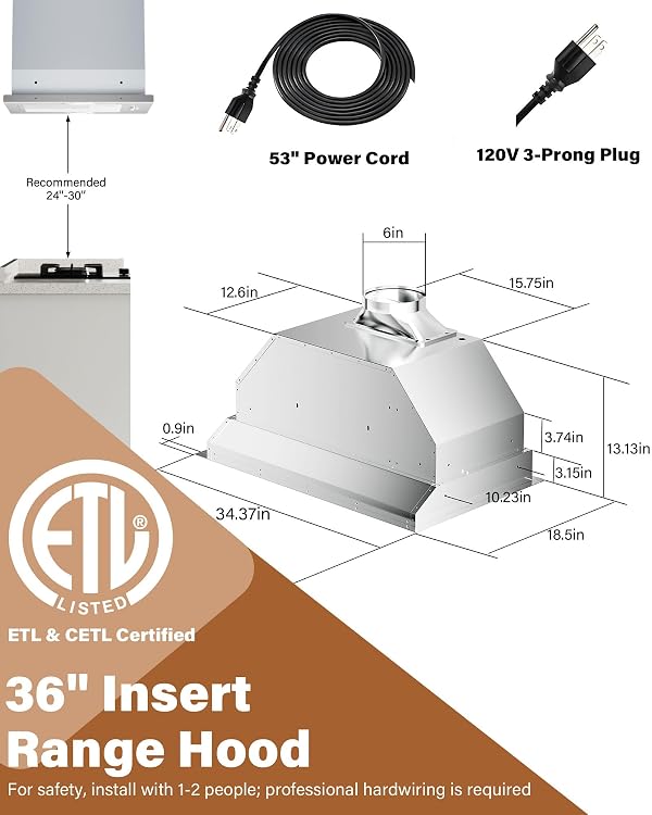 FLYPINE 36 inch Built in/Insert Range Hood 900 CFM, Stainless Steel by FlyPine - Image 8