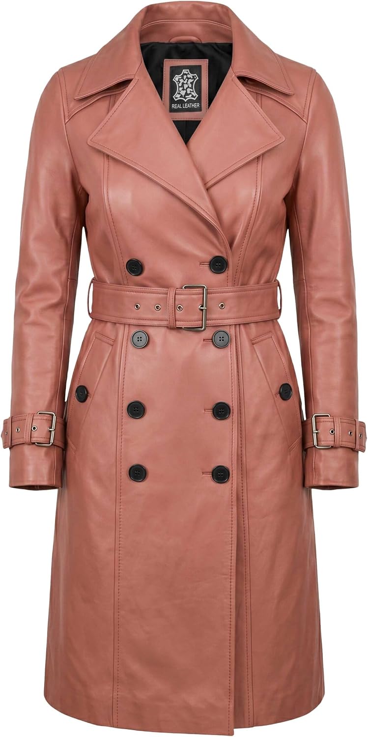 J'Jackin Womens Lambskin Leather Long Trench Coat Double Breasted with Belt
