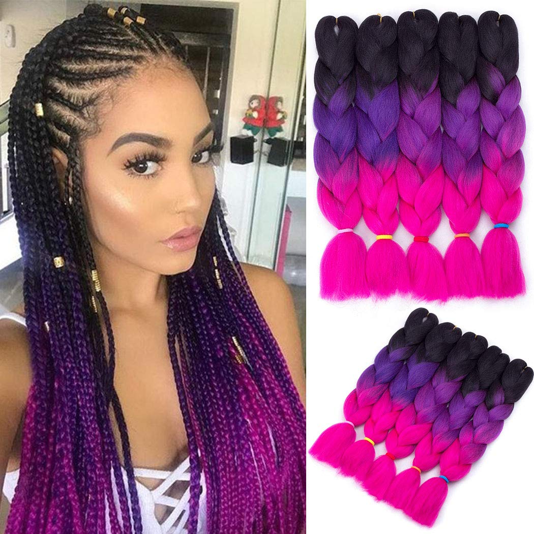 Jumbo Braiding Hair Crochet 5 Packs Jumbo Box Braid Hair Extension Synthetic Crochet Braids Hair Twist Braiding Hair (Black-Purple-Rose, 24 Inch)