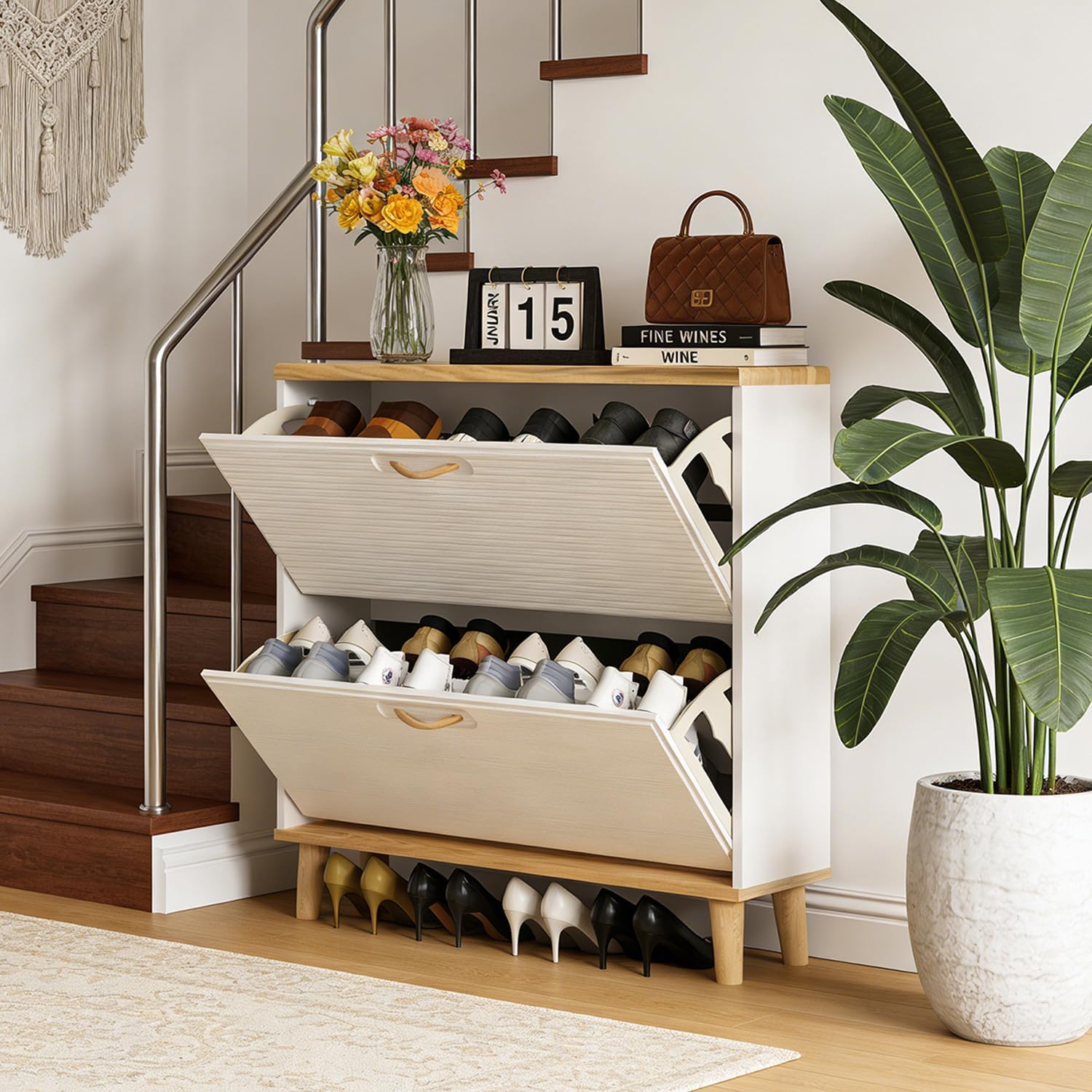 Shoe Storage Cabinet with 2 Flip Drawers, Narrow Shoe Rack Storage Modern Freestanding Shoe Organizer Cabinet with Solid Wood Legs for Entryway Hallways, White