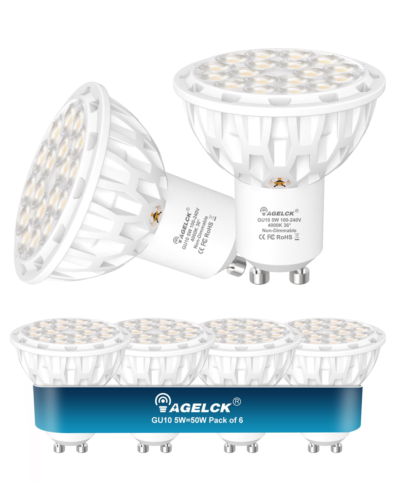 GU10 LED Bulbs Neutral White 4000K, 5W Replaces 50W Halogen, 825 LM, 6 Pack