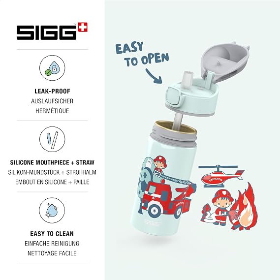 SIGG Fireman Kids Water Bottle (0.4 L) Non-Toxic Kids Bottle with Leak-Proof Lid Aluminium Water Bottle with Straw Blue