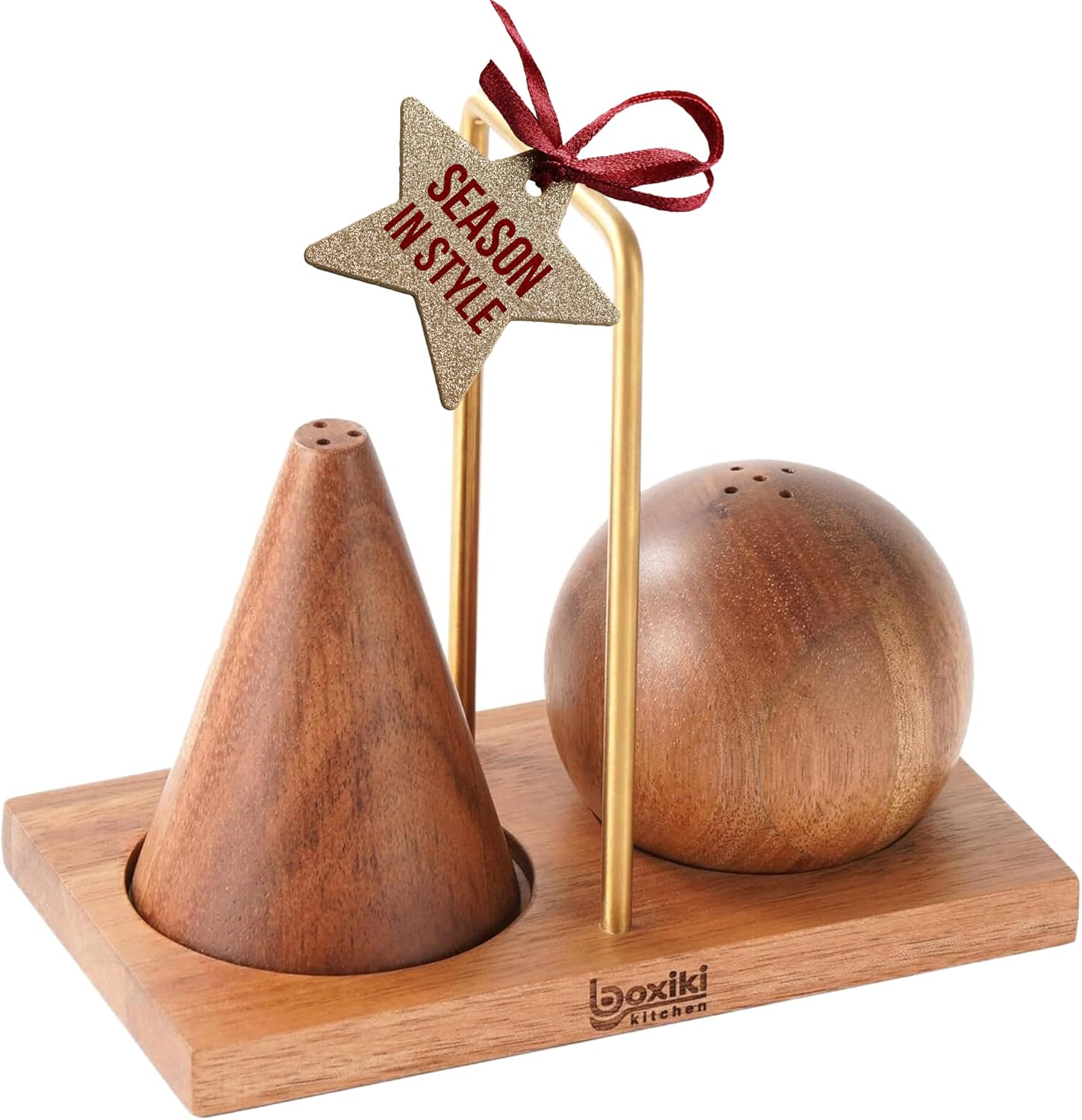 Acacia Wood Salt and Pepper Shaker Set with Stand, 2-Piece Cone and Sphere Wooden Shakers with Titanium Handle Holder, Elegant Kitchen Spice Set for Dining Table, Modern Farmhouse Decor Gift
