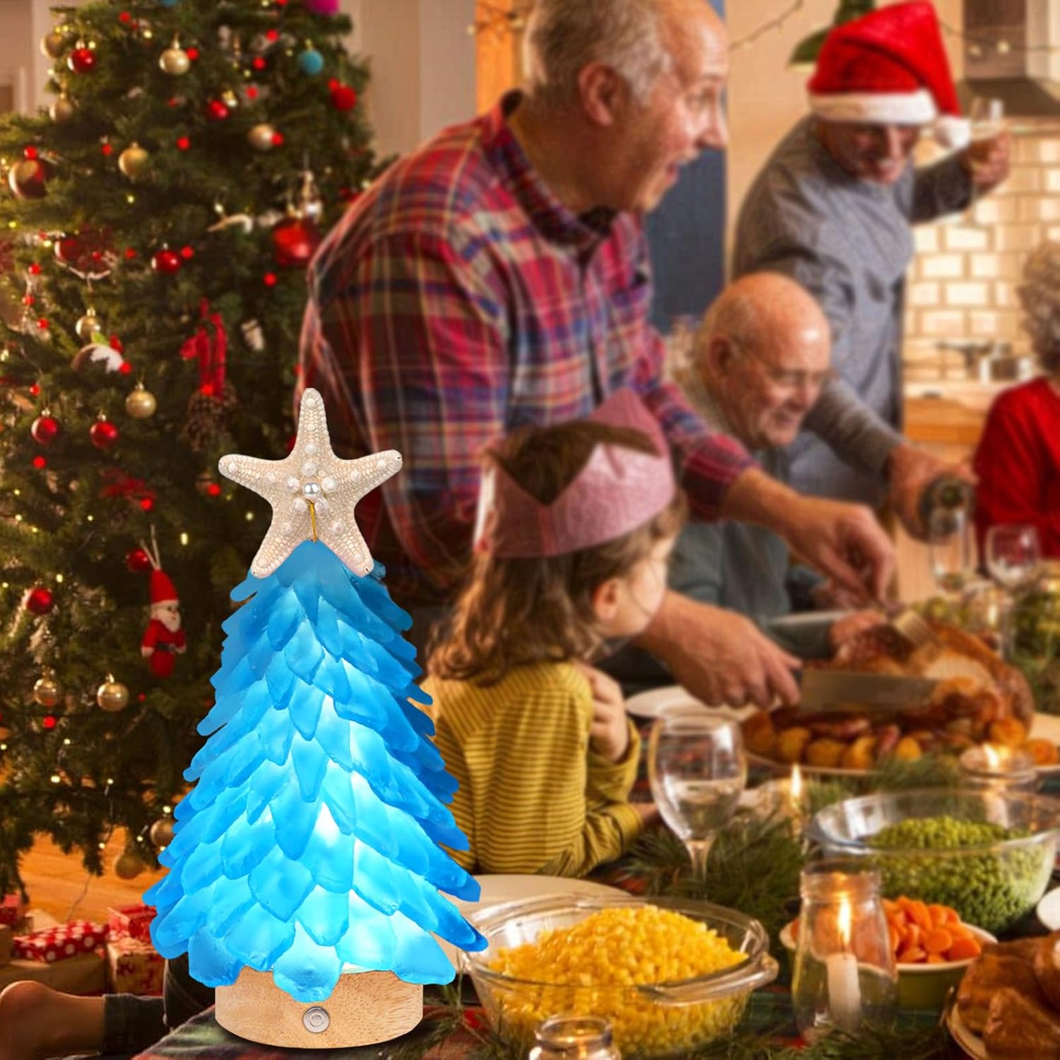 Sea Glass Christmas Tree,8.6 inches Mini Christmas Tree with Lights,Beach Nautical Themed Seaglass Blue Christmas Tree for Table top, Christmas Decorations Indoor
