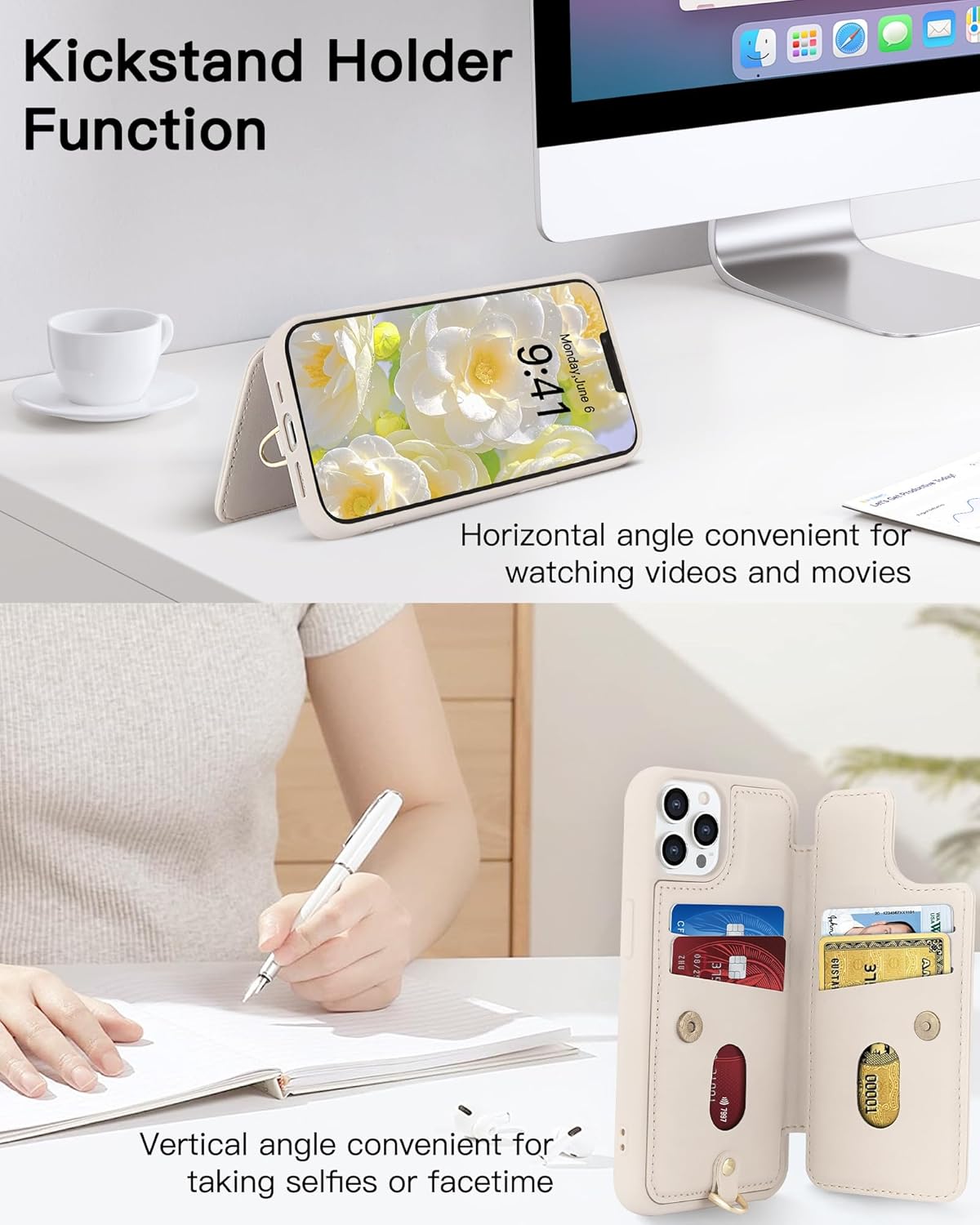 Compatible with iPhone 13 Pro Wallet Case with Card Holder for Women, Kickstand, Crossbody Lanyard, Wrist Strap Flower Leather Flip Cover Designed for iPhone 13 Pro 6.1", Beige - Image 4