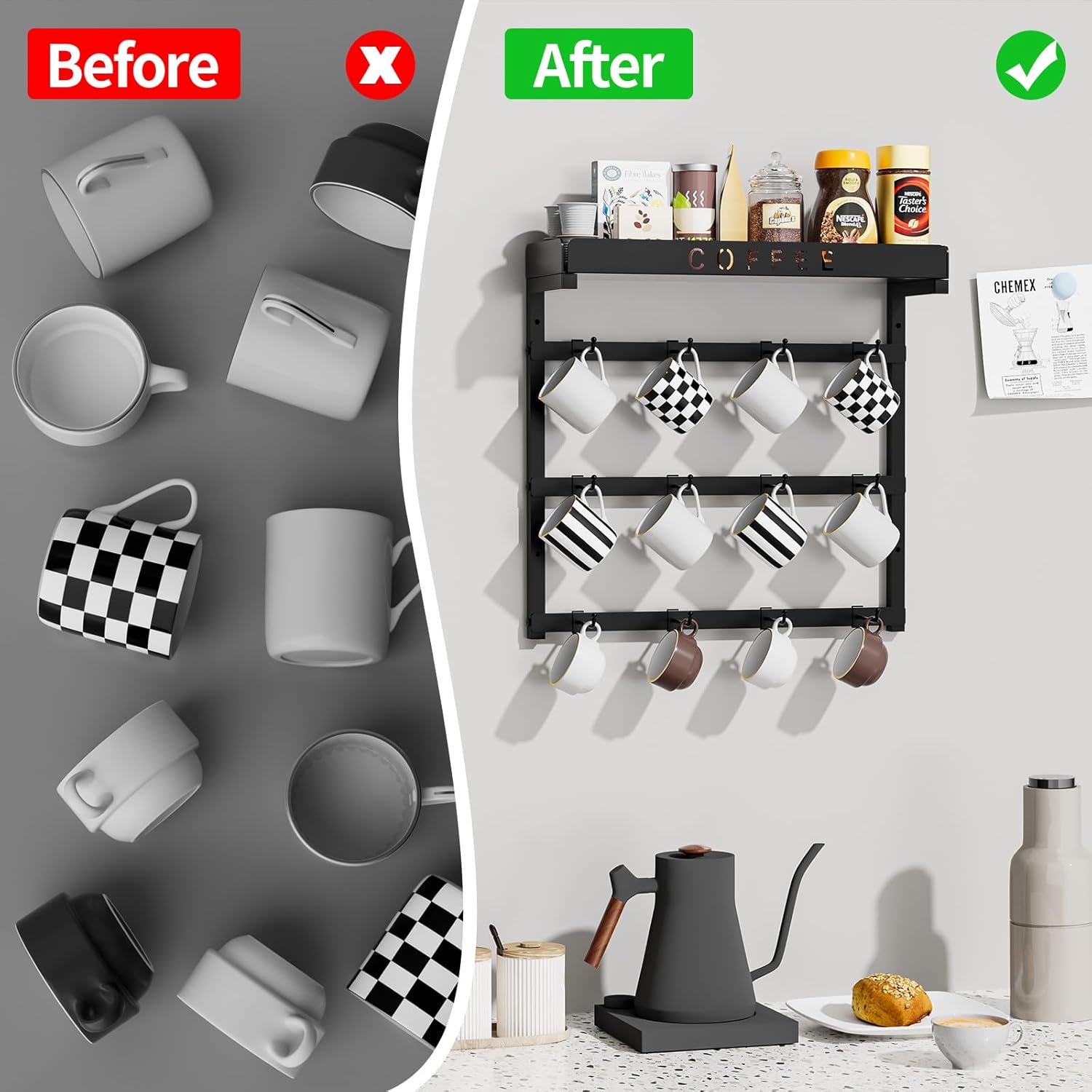 Coffee Mug Holder Wall Mounted with 12 Movable Hooks, Metal Coffee Cup Holder with Top Shelf, Mug Rack Wall Mount for Home Kitchen Display and Collection Wall Mounted with 12 Hooks