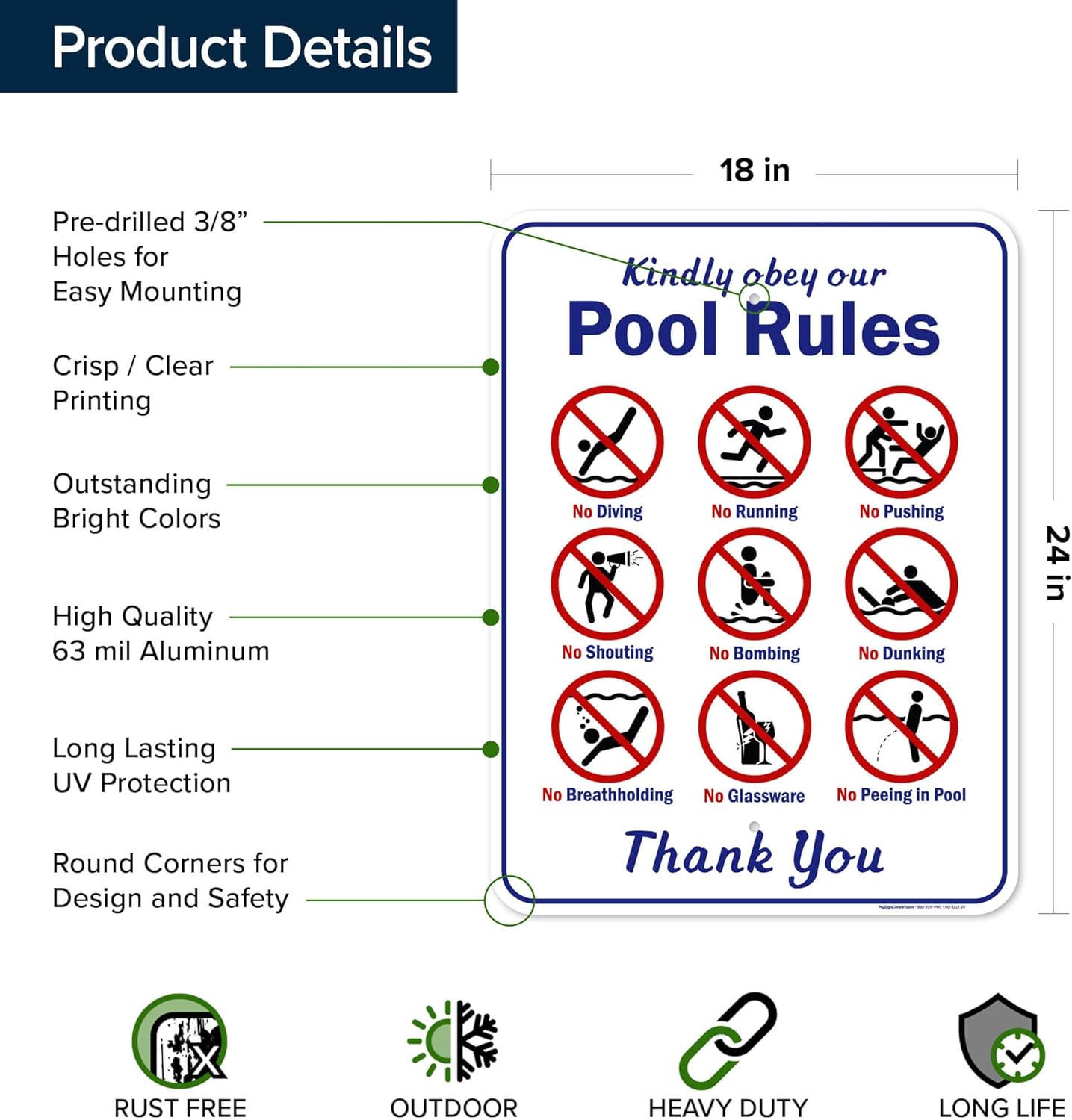 Kindly Obey Our Pool Rules Sign, 18x24 Inches, Rust Free .063 Aluminum, Fade Resistant, Made in USA by My Sign Center