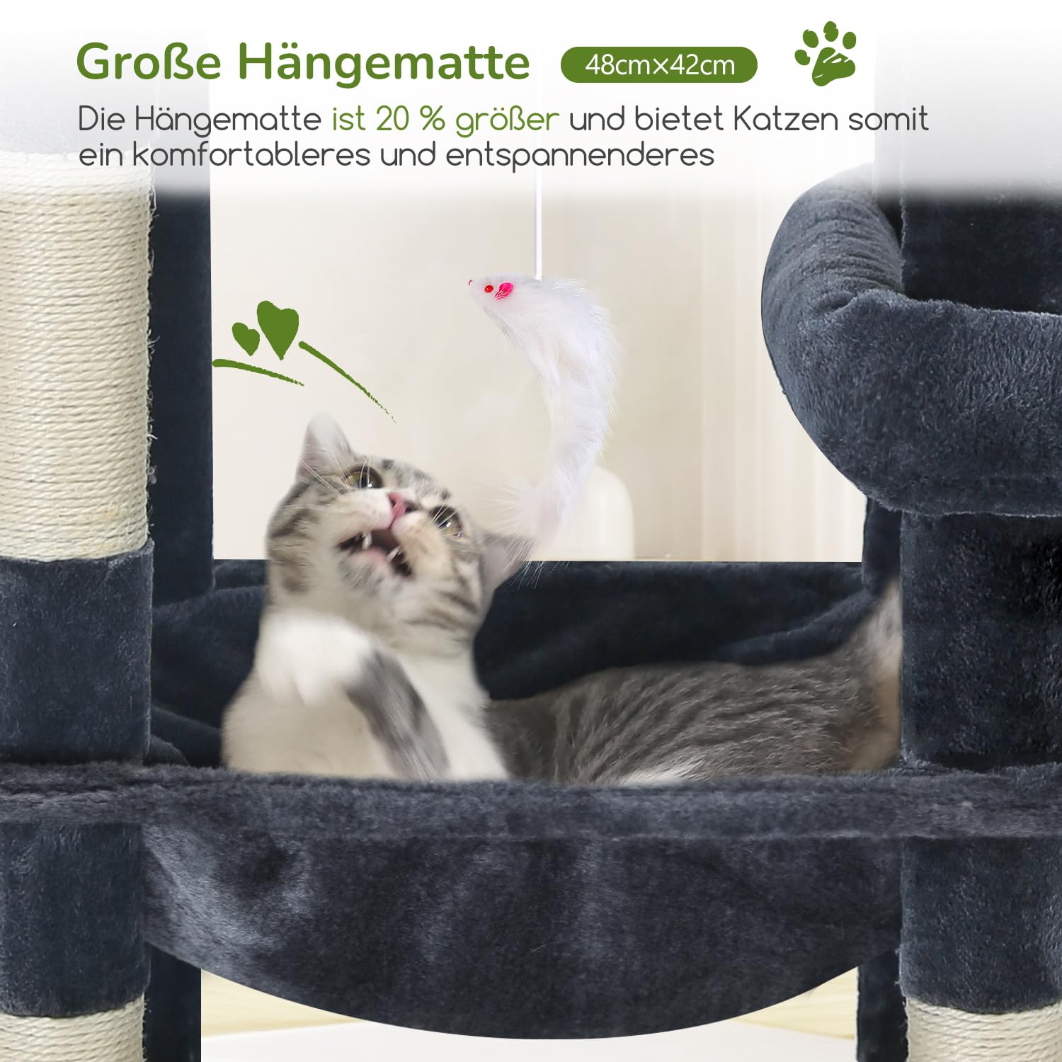 Globlazer Kratzbaum für Große Katzen 165 cm mit 2 Große Gepolsterte Plattform 48*42CM, Extragroß Hängematte, Katzenhaus, Sitzstangen, Stabil Katzenbaum mit Stützen für Schwere Katzen (S65, Dunkelgrau)