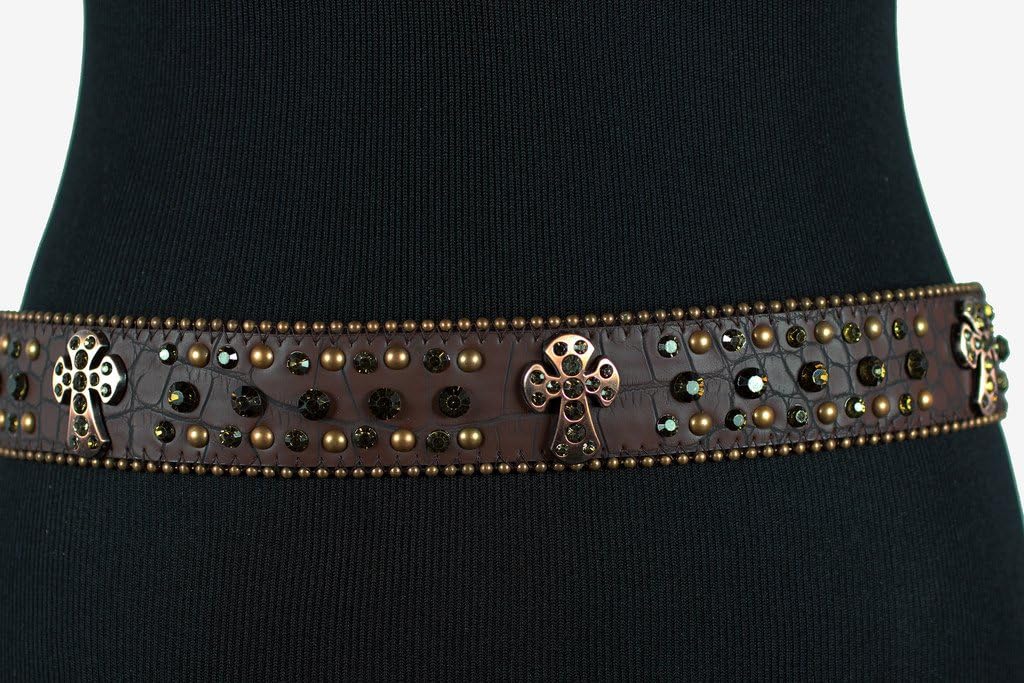 DF BROWN Cross Western Rhinestone Bling Studded Removable Buckle Belt