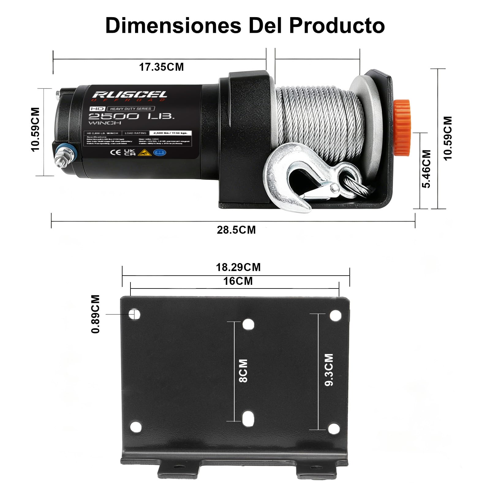 RUGCEL Cabrestante eléctrico 2500 LB 12V, cabrestante para ATV/UTV con Cable de Acero, Placa de Montaje y Mando a Distancia con Cable, para Remolque, Todoterreno y Rescate