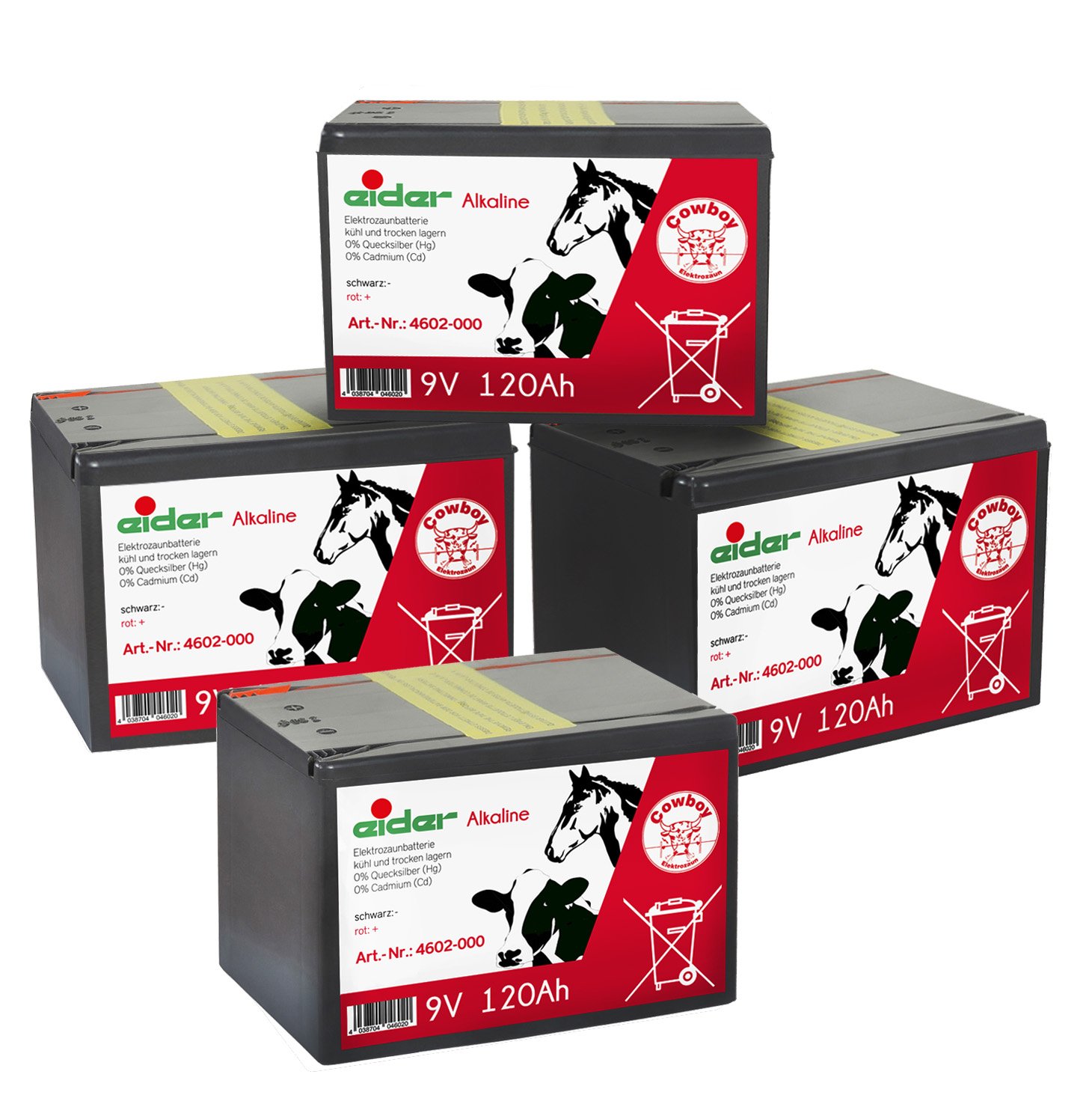 Eider Opakowanie ekonomiczne: 4 x baterie alkaliczne 9 V 120 Ah do ogrodzenia pastwiskowego – d?ugi czas pracy i korzystna cena – do urz?dze? do ogrodzenia pastwiska 9 V