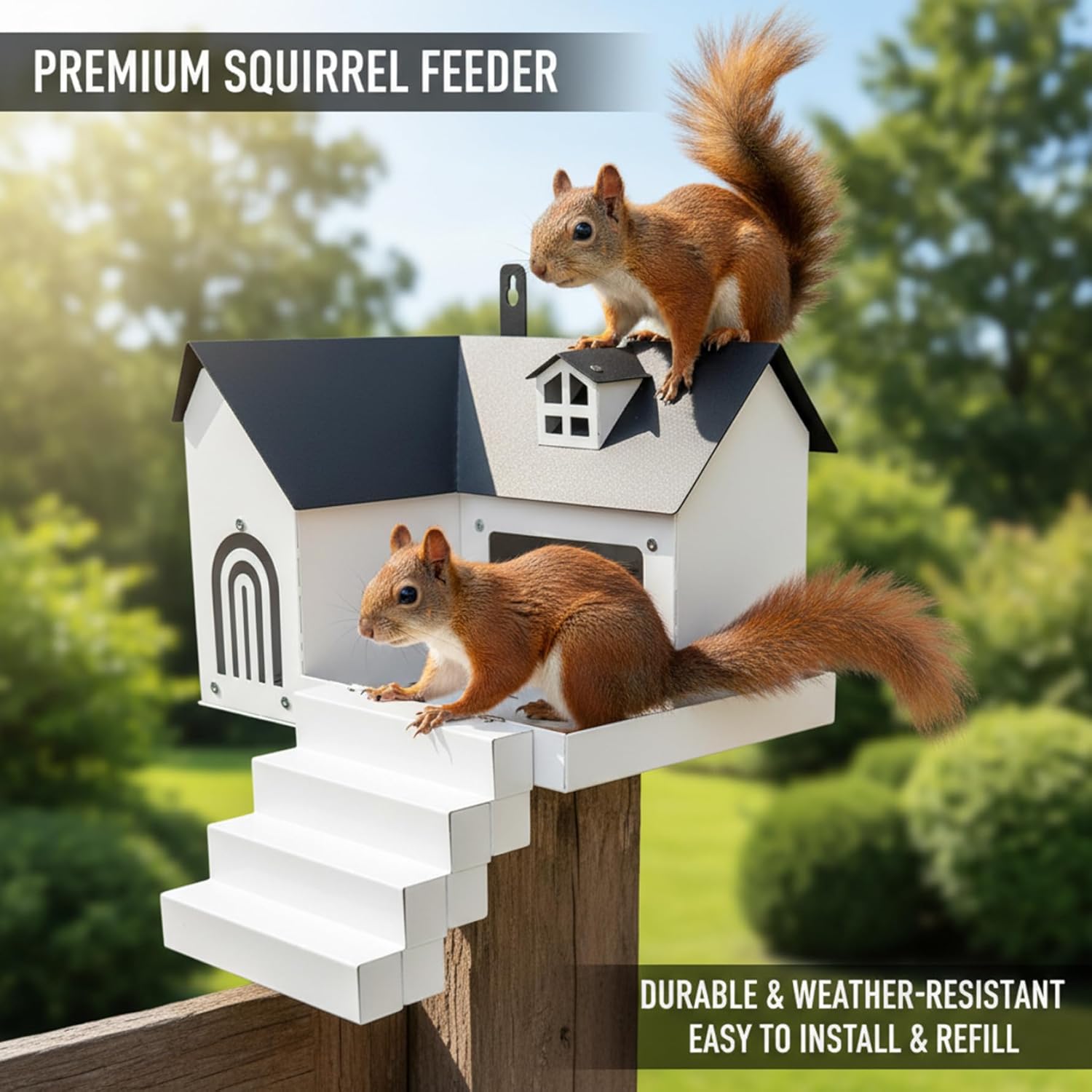 Squirrel Houses for Outside 9.4×7.3×6.4" Iron Squirrel Feeder with Clear Window & Step for Backyard Garden Outdoor