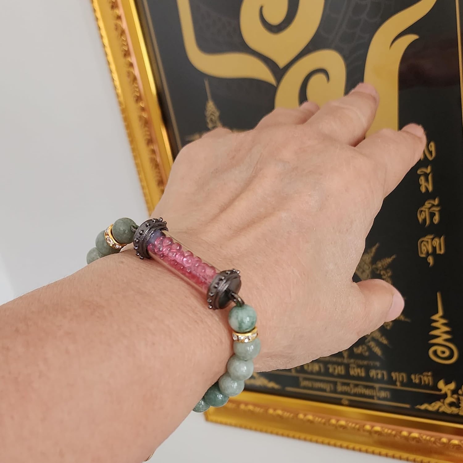 Buddha Bracelet Thai Amulet Healing Buddhist Jade Bracelet Jewelry Bangle with Pendant Sarira Phra Tath Red/Heart Promote Love Good Luck Prosperity