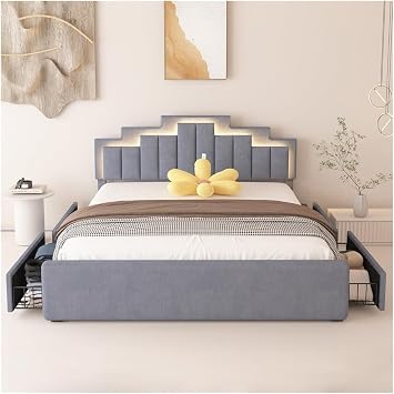 King Size Bed Frame with 4 Stoarge Drawers, Upholstered Platform Bed with Adjustable Headboard and LED Lights,Bed Frame