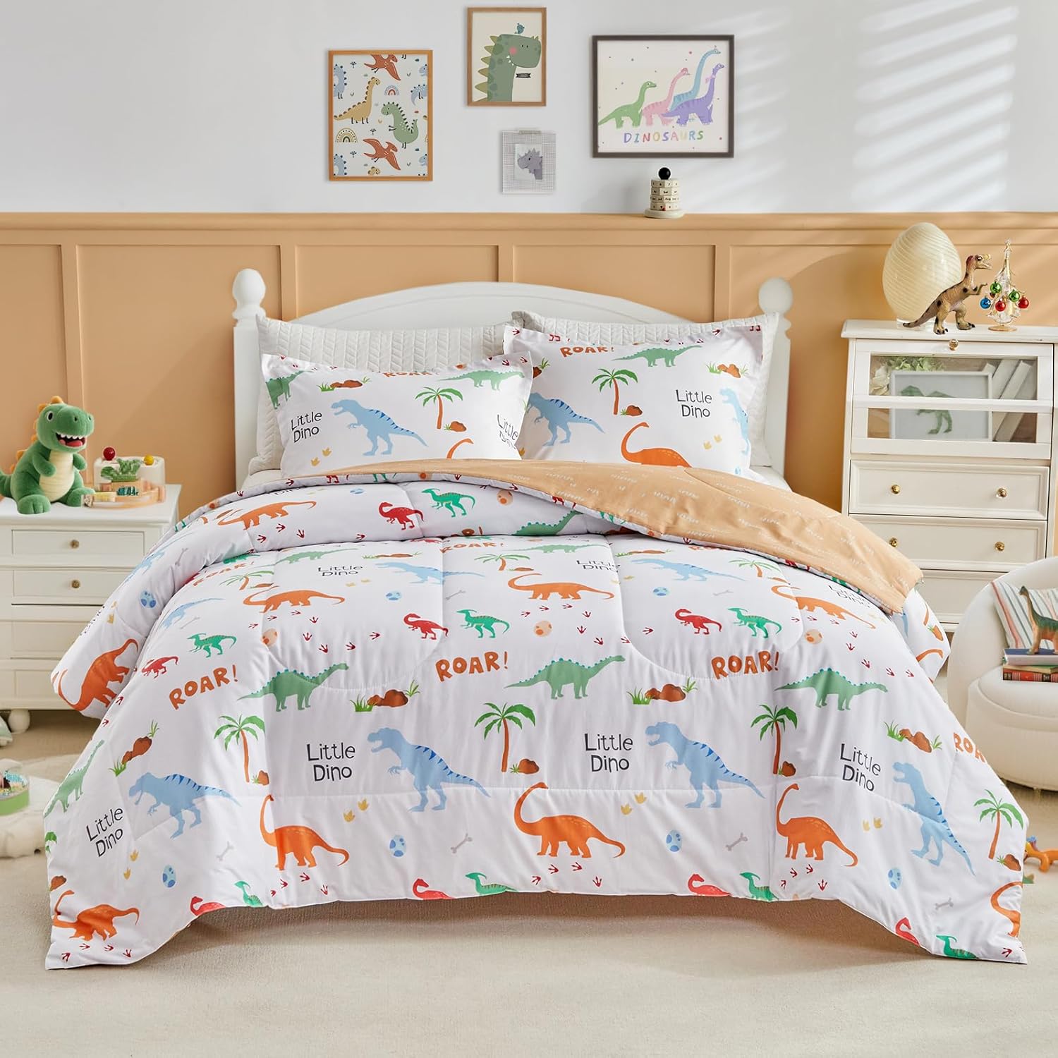 Joyreap Cotton Comforter Set Queen, Colorful Dinosaurs Orange n White Design, 3pcs Kids Bedding Set for All Season- 88x88 inches