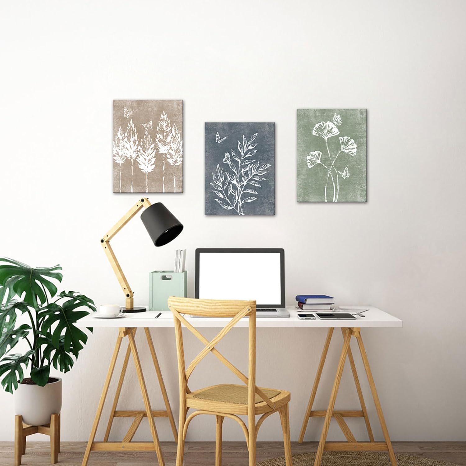 VANSEEING 3 Piece Boho Minimalist Botanical Canvas Wall Art Rustic Leaves Butterfly Painting Vintage Farmhouse Prints Modern Wall Decor for Home Kitchen Living Room Bedroom Brown Blue Green 12"x16" - Image 7