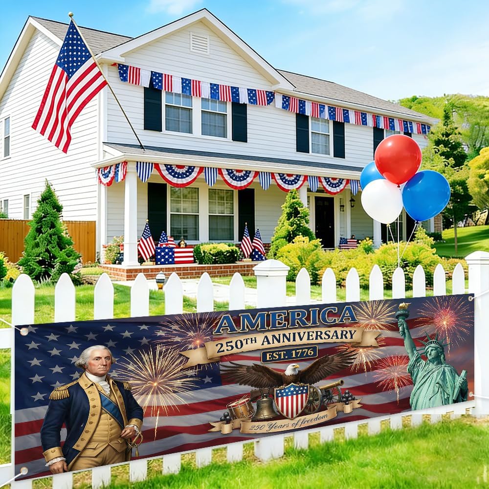 250th Anniversary Banner 120x20 Inches, 1776-2026 USA Semiquincentennial Decorations, American Flag Text Design "250 Years of Freedom" Patriotic Banner, 4th of July Outdoor Indoor Party Supplies for Yard Garden Porch Fence