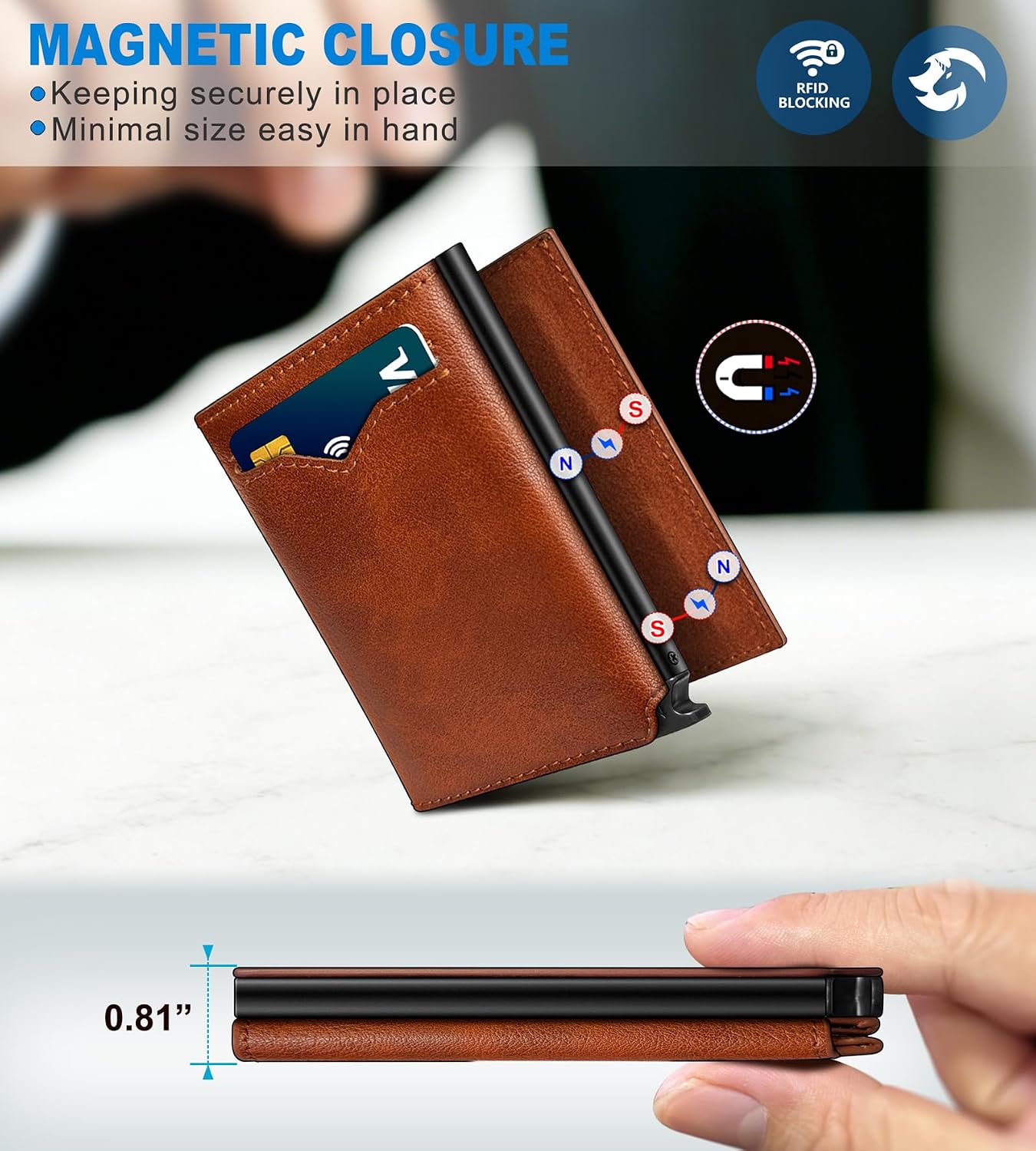 Wallet for Men, Slim Pop Up Card Holder with RFID Blocking, Minimalist Trifold Wallet with 10 Card Slots, Cash Pocket and 2 ID Window, Metal Flip Case with Magnetic Closure, Gift Boxed image 3