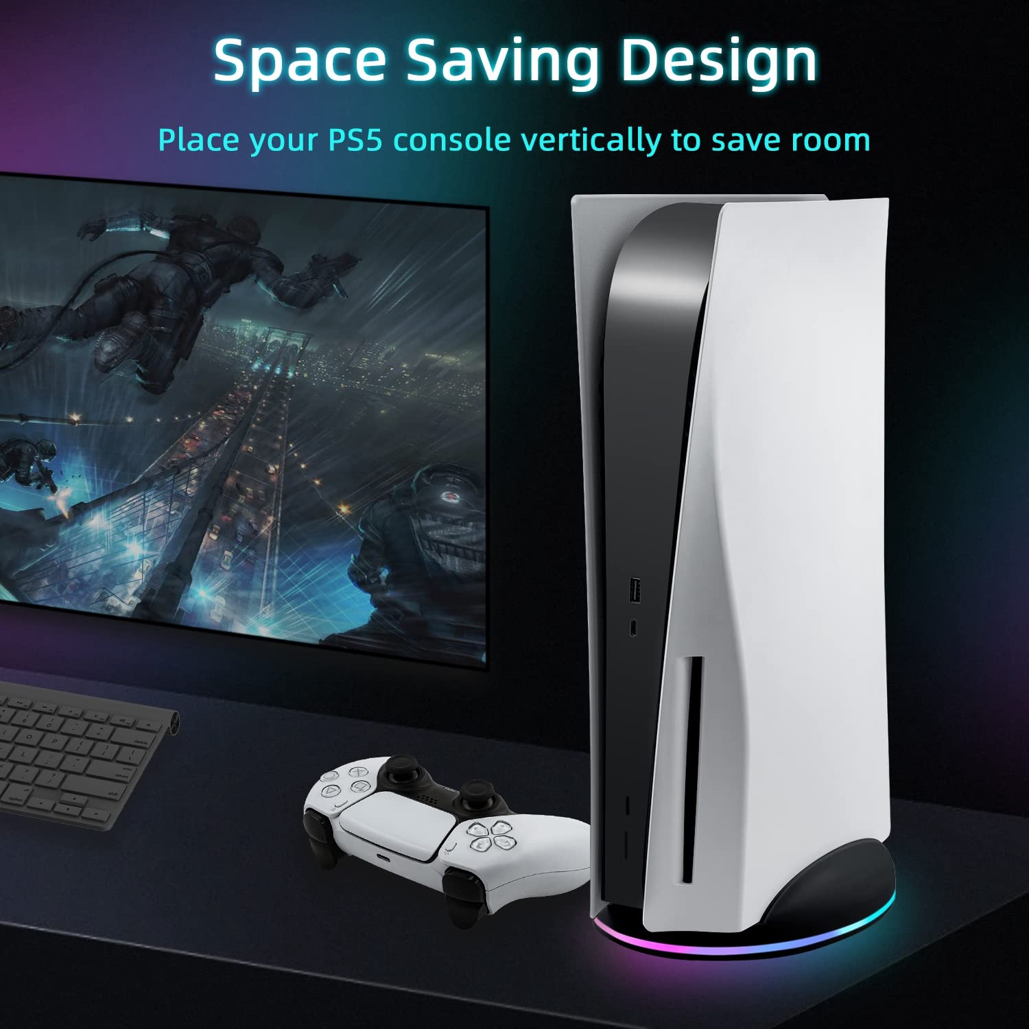 Mcbazel PS5 Standfuß RGB Vertikale Ständer Halterung mit USB2.0 Hub Ladeanschlüssen Kompatibel mit PS5 UHD & Digital Edition Konsolen - Schwarz (Nicht für PS5 Slim/Pro)
