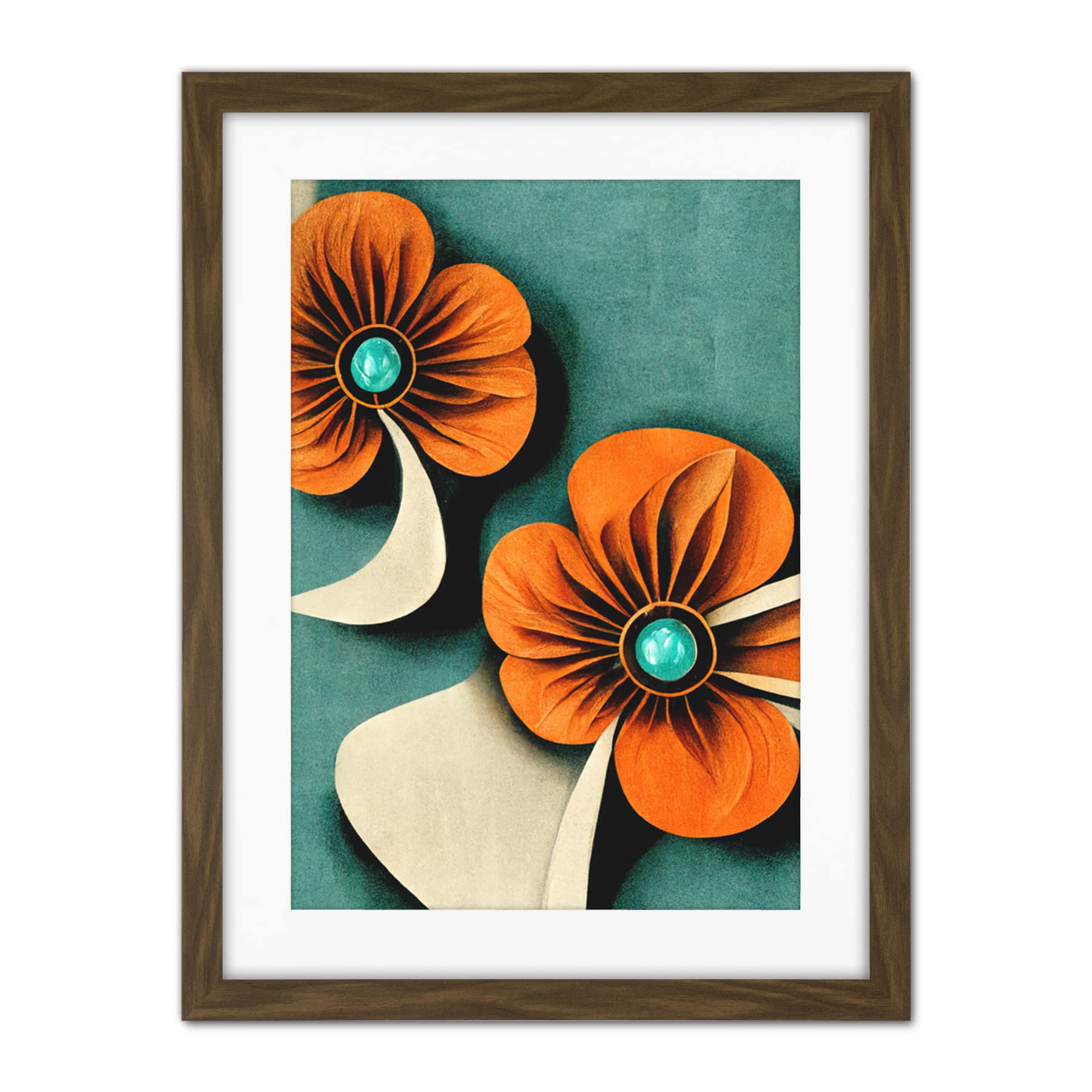 Doppelganger33 LTD Abstract Papercut Orange And Cream Flowers On Teal Artwork Framed Wall Art Print 18X24 Inch