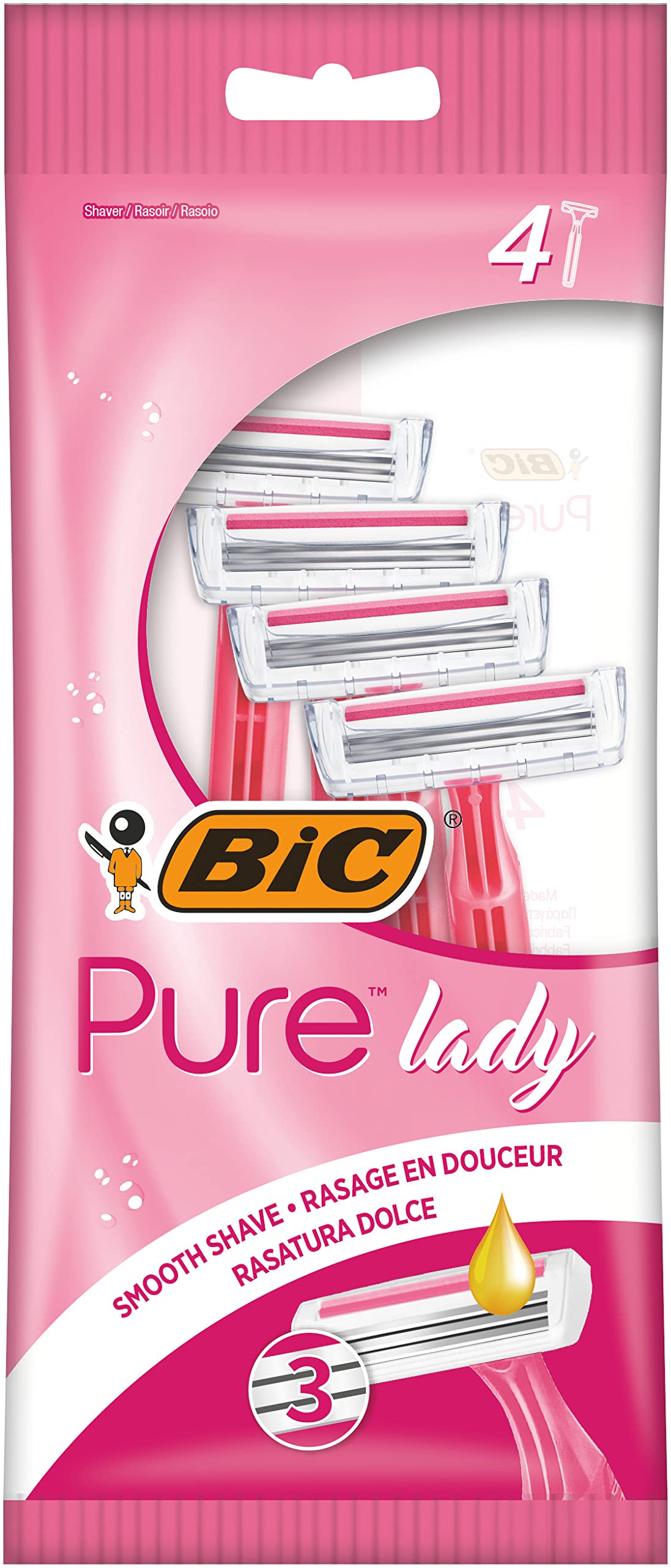BIC Pure Lady Kadın Tıraş Bıçağı 4'lü Poşet (3 Bıçak), Aloe Vera ile Zenginleştirilmiş Kayganlaştırıcı Jel Şerit