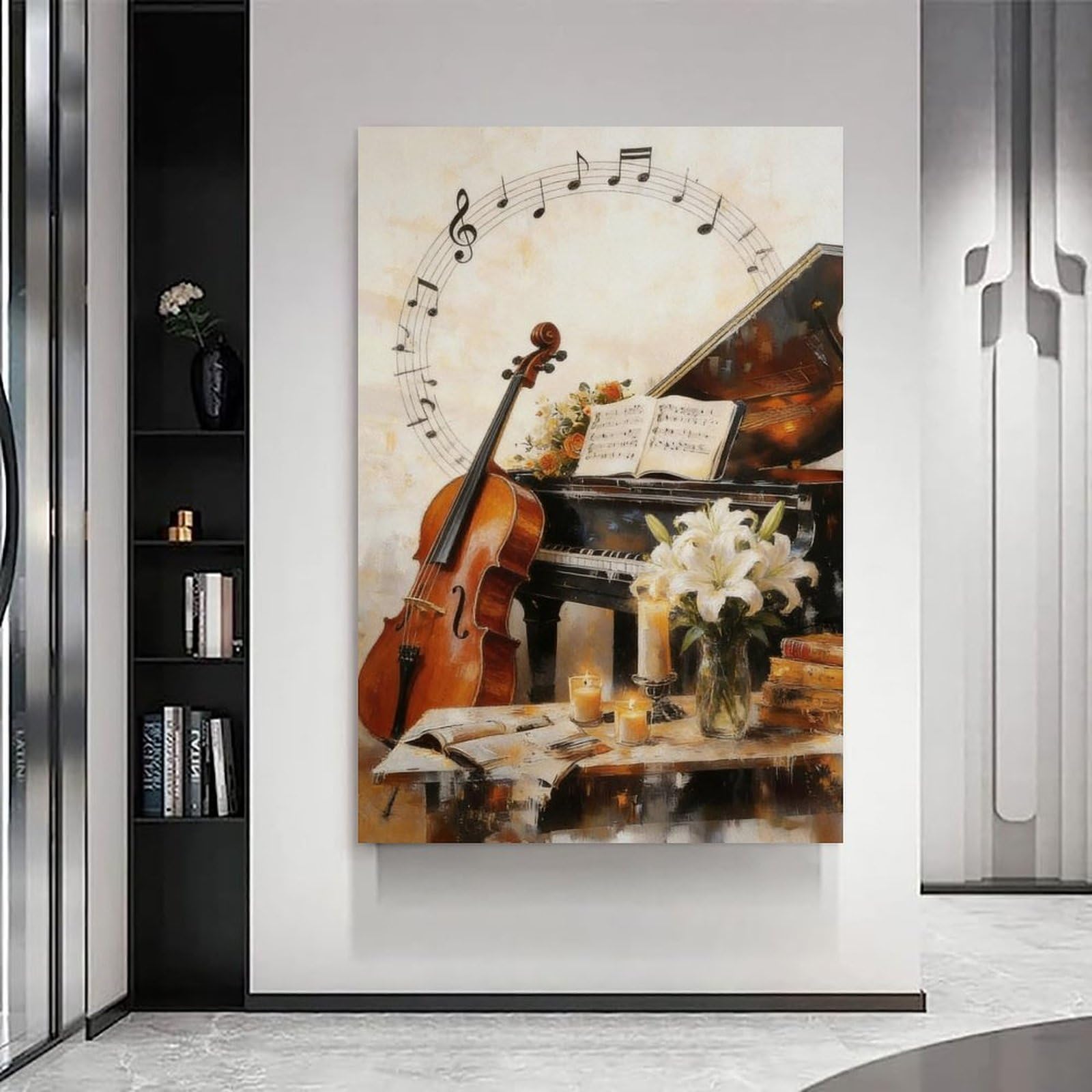 Poster su tela, decorazione artistica da parete con pianoforte, violino, musica a tema jazz, stampa artistica su tela moderna per soggiorno, bagno, camera da letto, casa, 60 x 90 cm